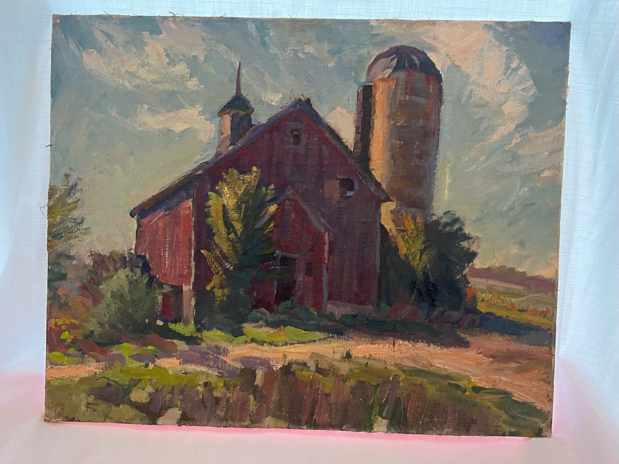 Red Barn With Silo And Trees — detail