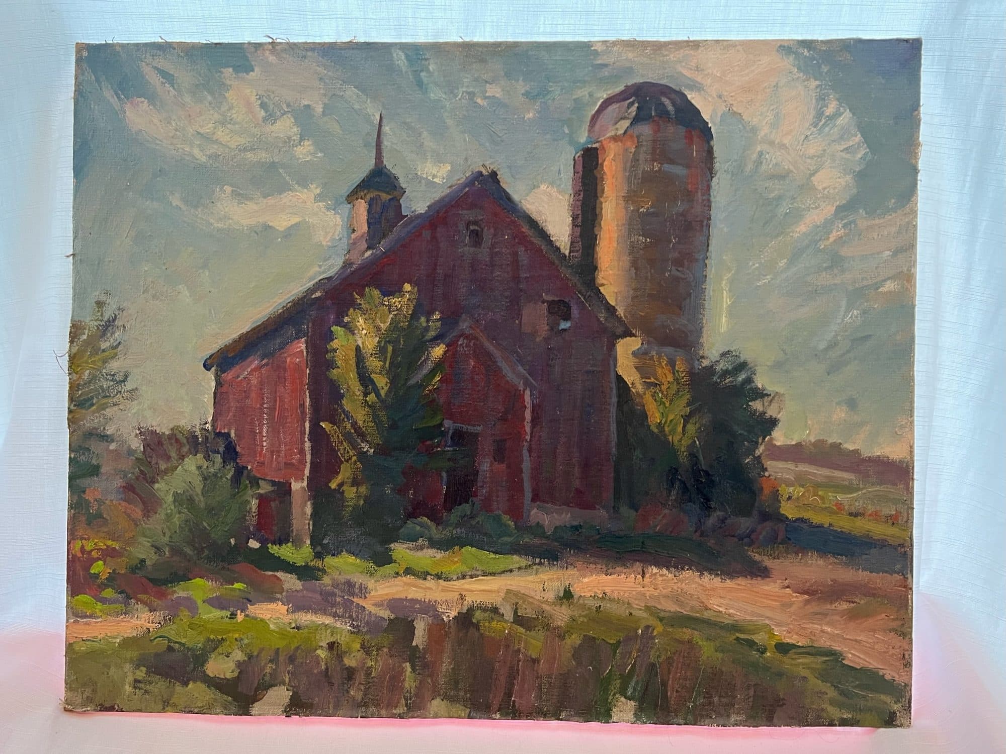 Red Barn With Silo And Trees — detail