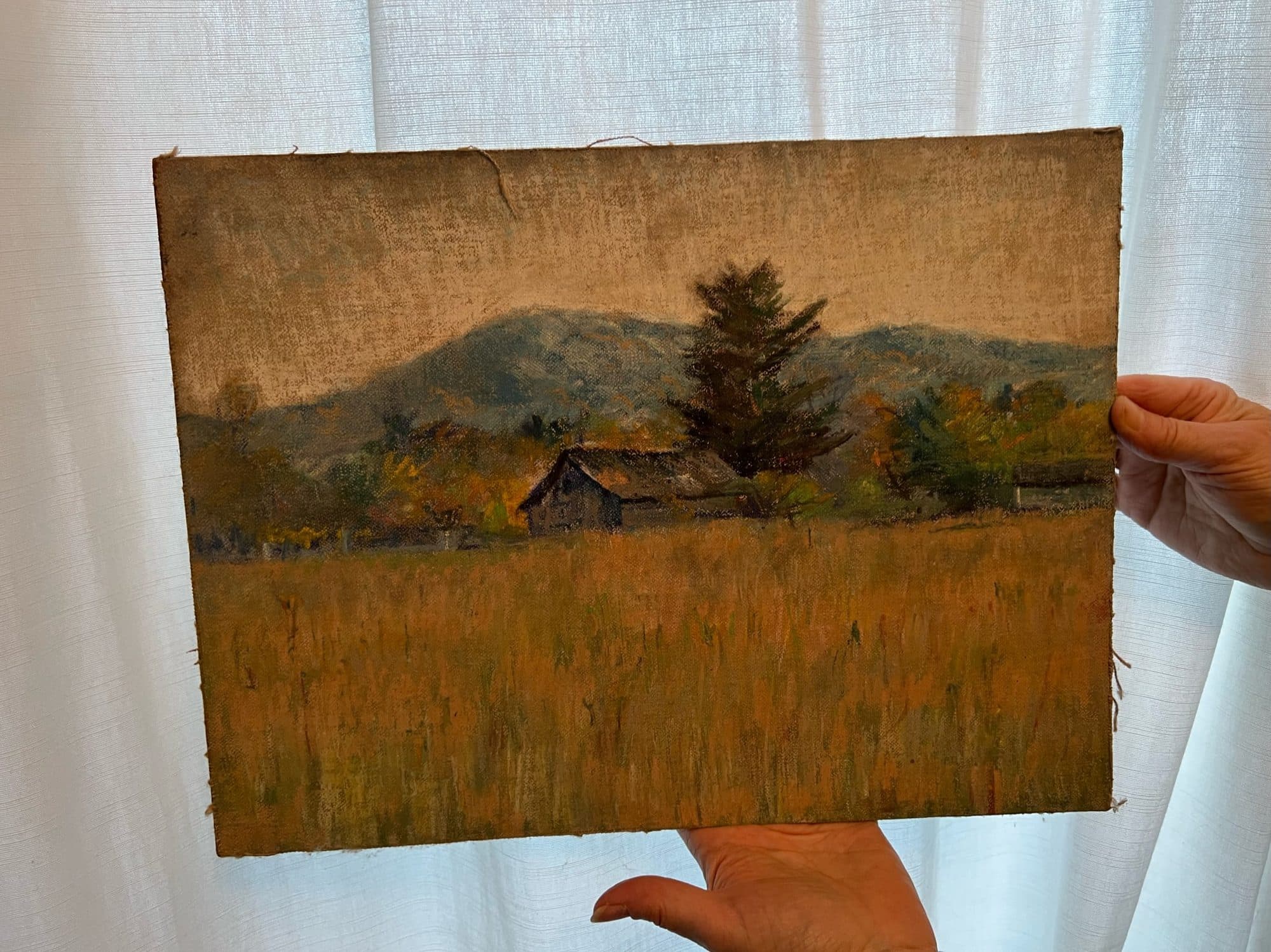 Cottage In Golden Field Below Mountain — detail