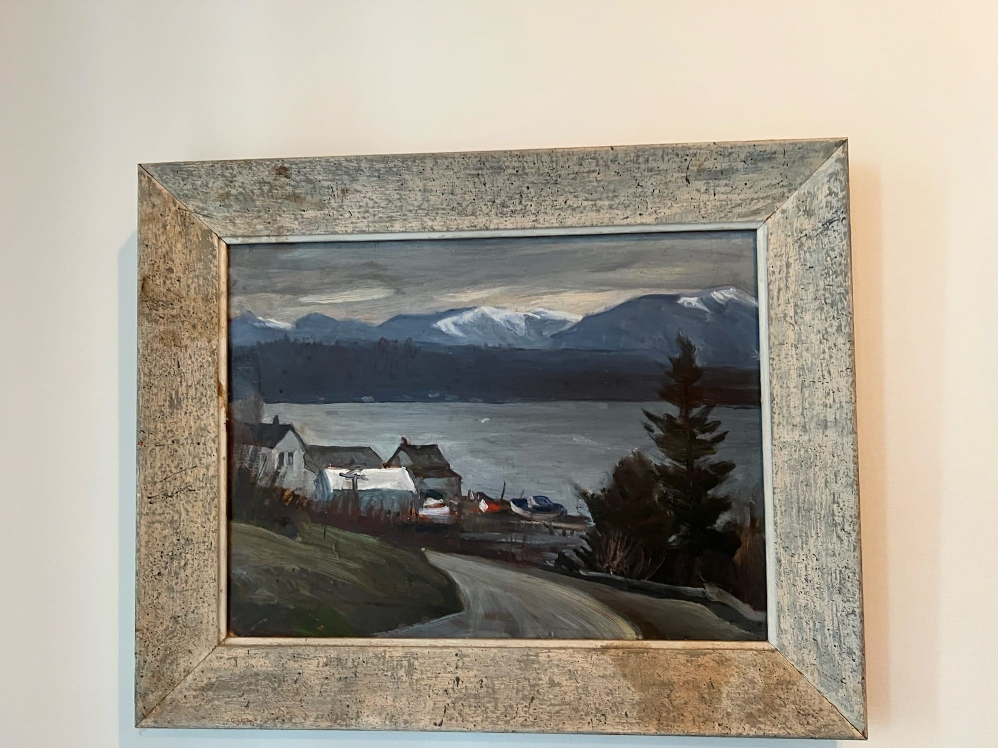 Lakeside Village Beneath Snowy Mountains — detail