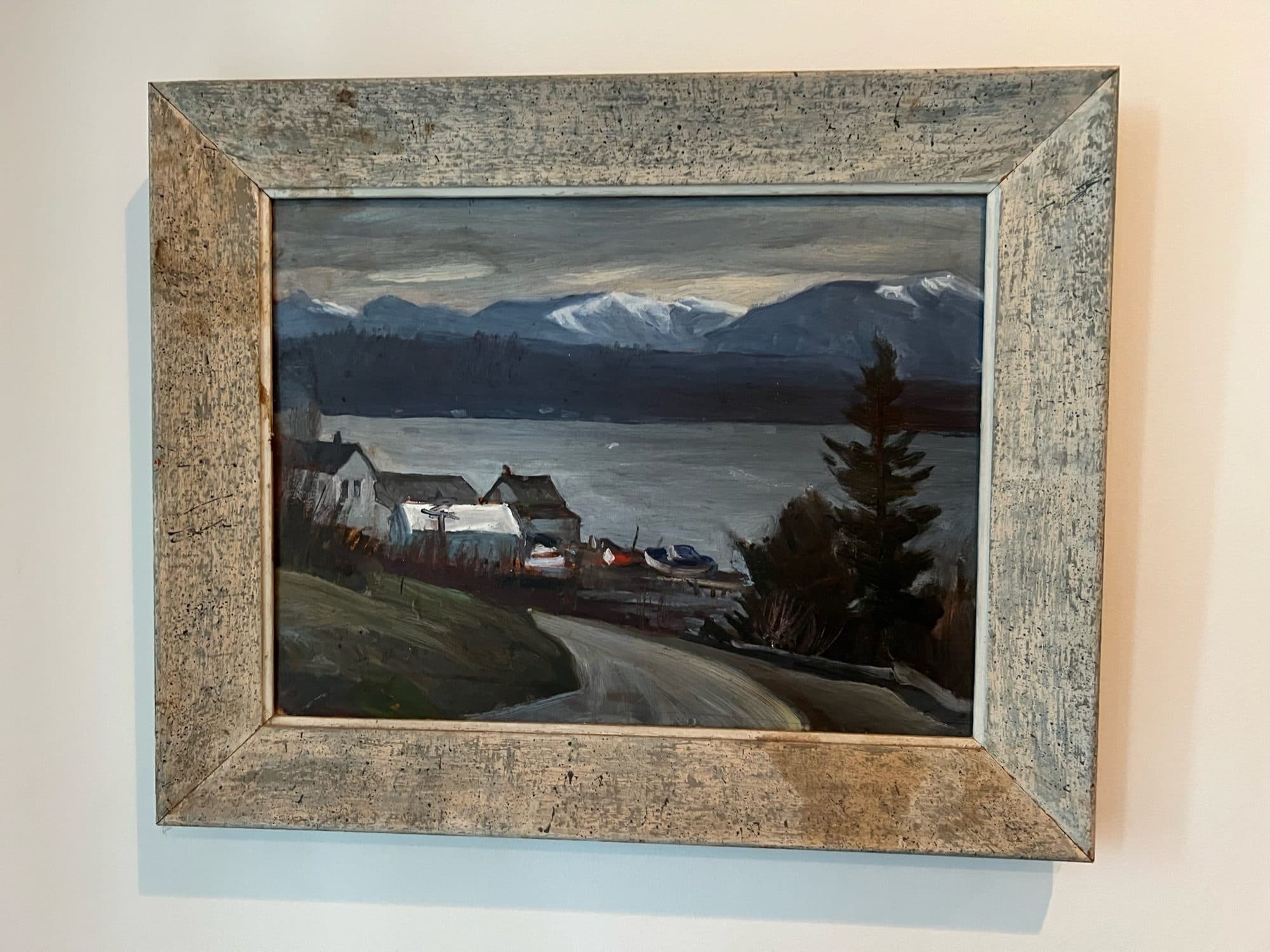 Lakeside Village Beneath Snowy Mountains — detail