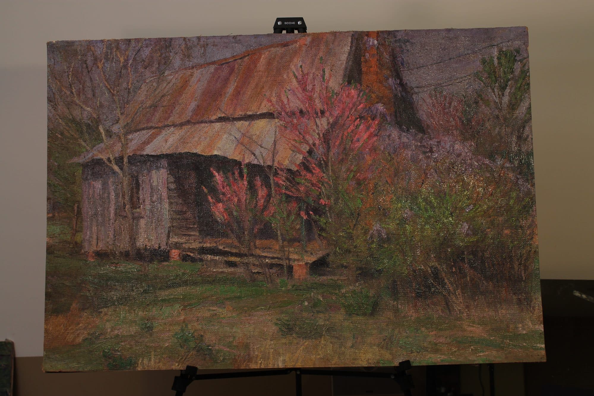 Log Cabin Amid Blooming Redbuds — detail