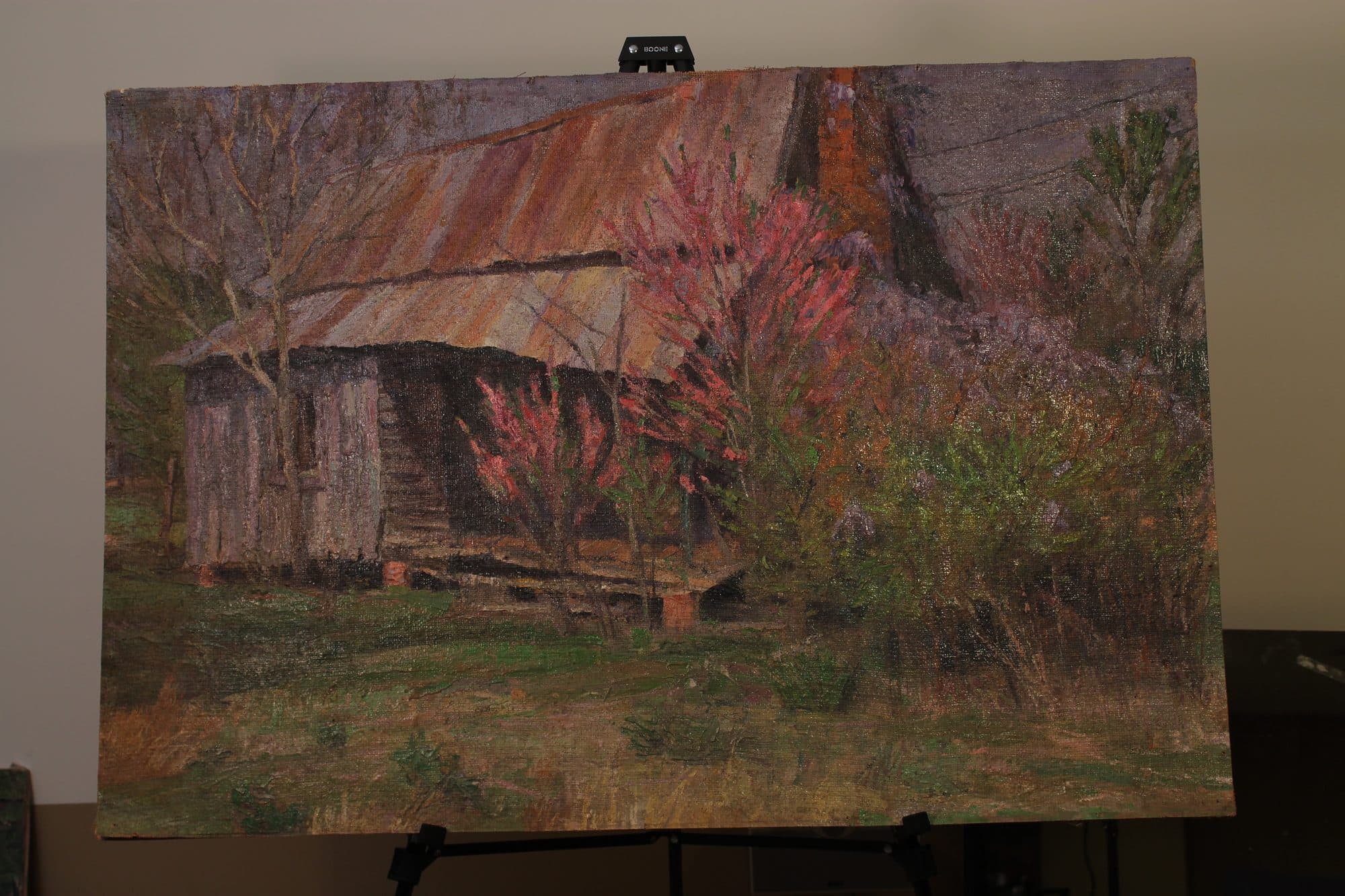 Log Cabin Amid Blooming Redbuds — detail