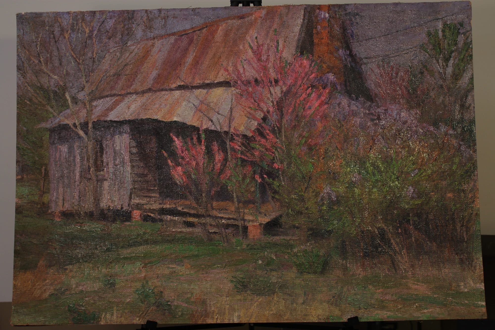 Log Cabin Amid Blooming Redbuds — detail