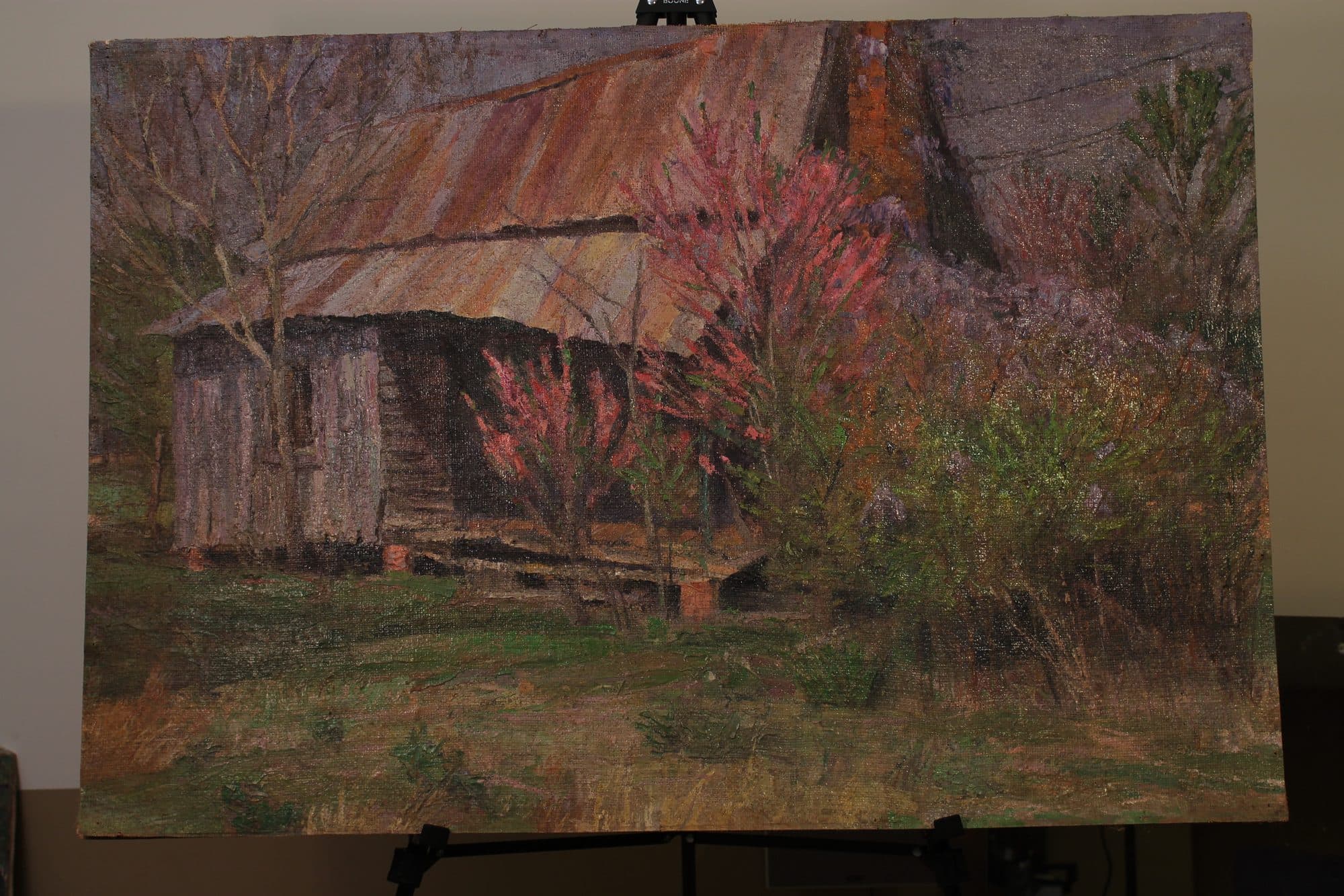 Log Cabin Amid Blooming Redbuds — detail