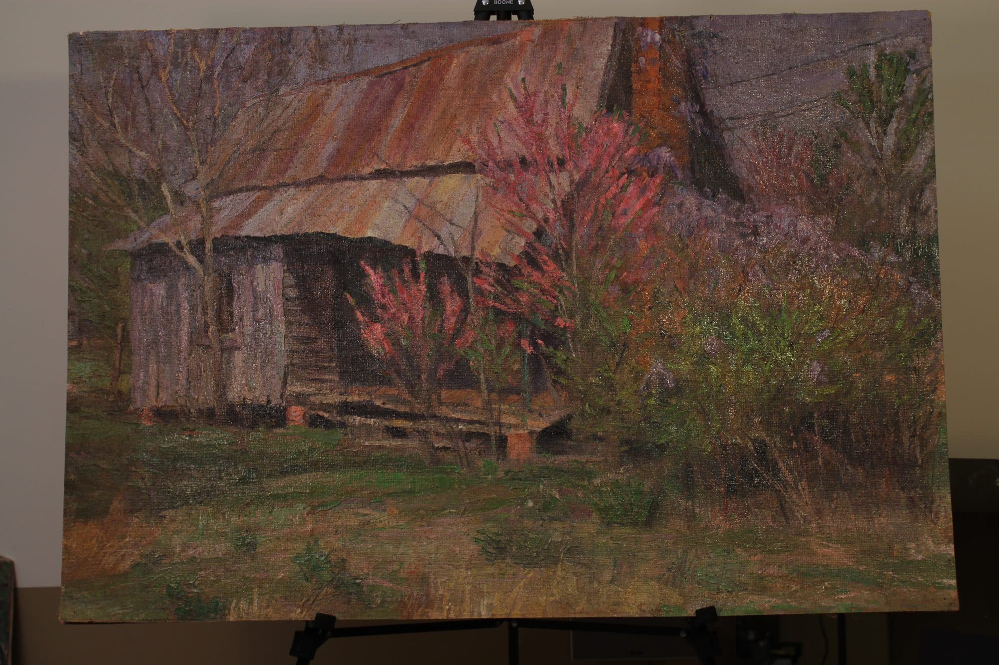 Log Cabin Amid Blooming Redbuds — detail