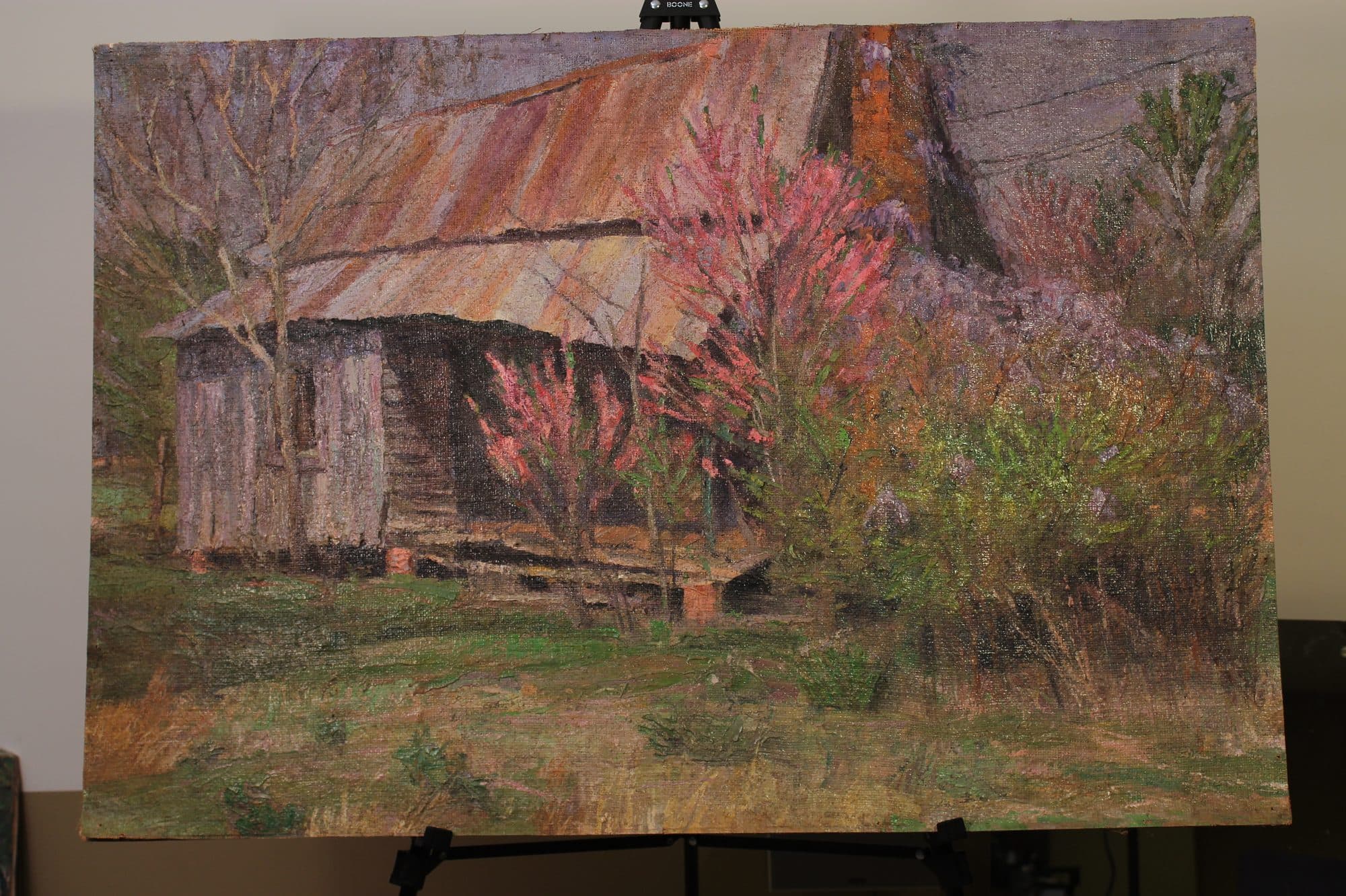Log Cabin Amid Blooming Redbuds — detail