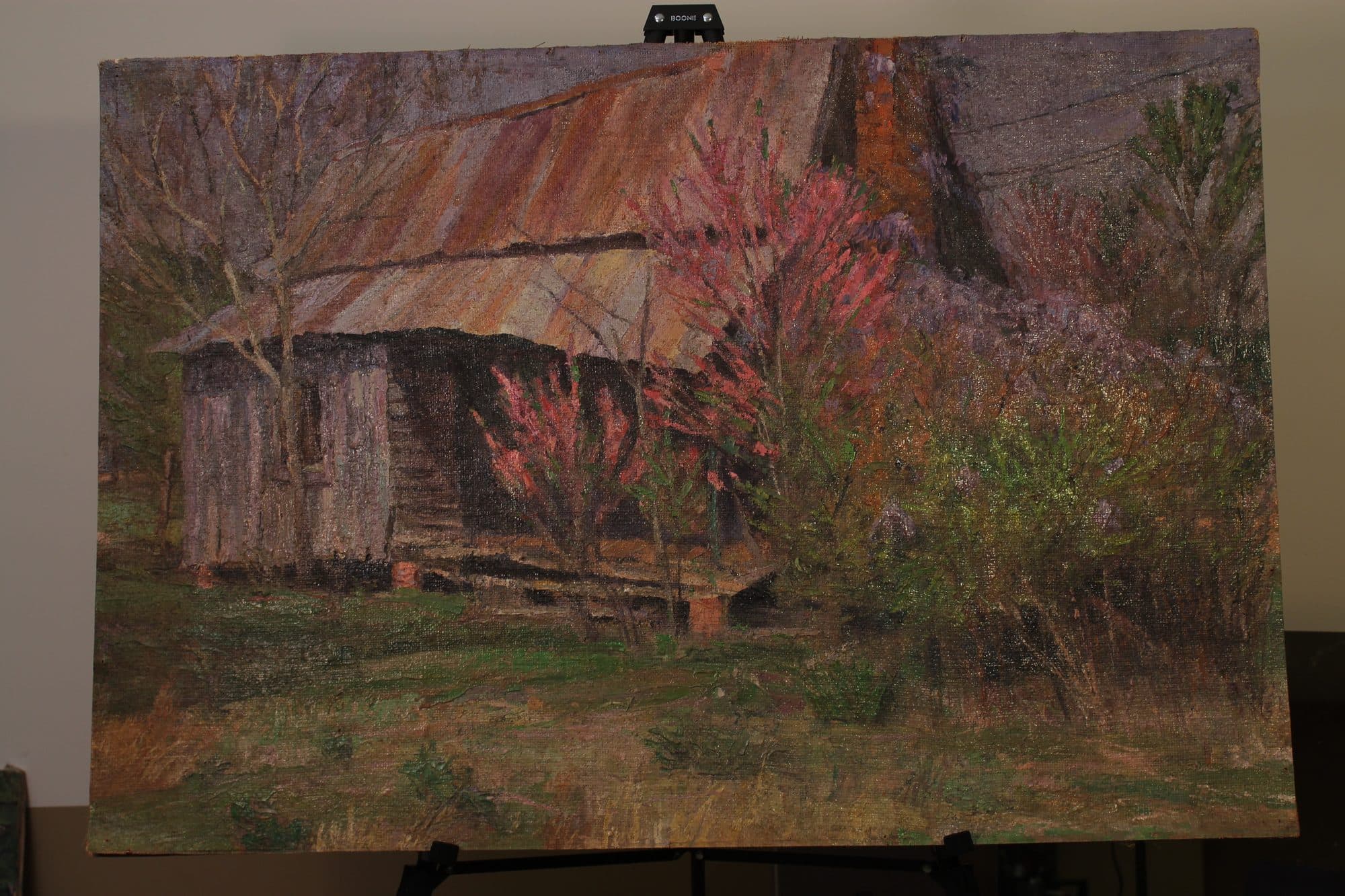 Log Cabin Amid Blooming Redbuds — detail