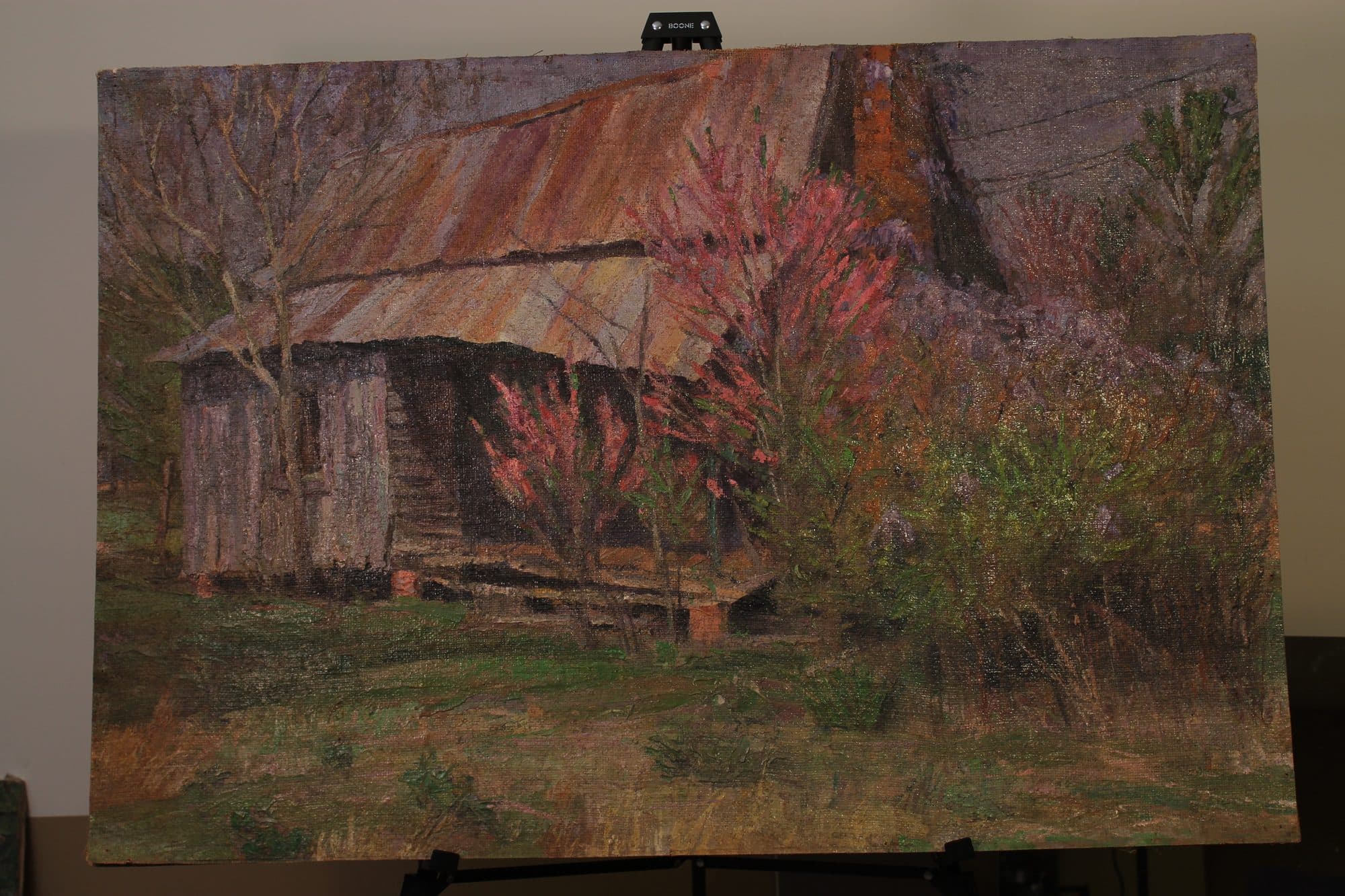 Log Cabin Amid Blooming Redbuds — detail
