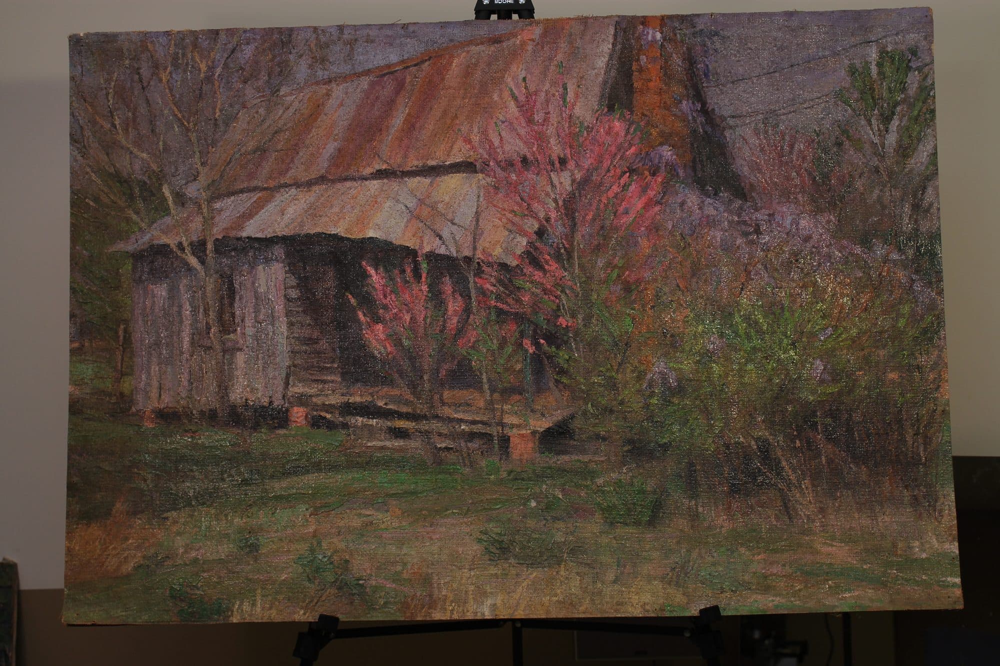 Log Cabin Amid Blooming Redbuds — detail