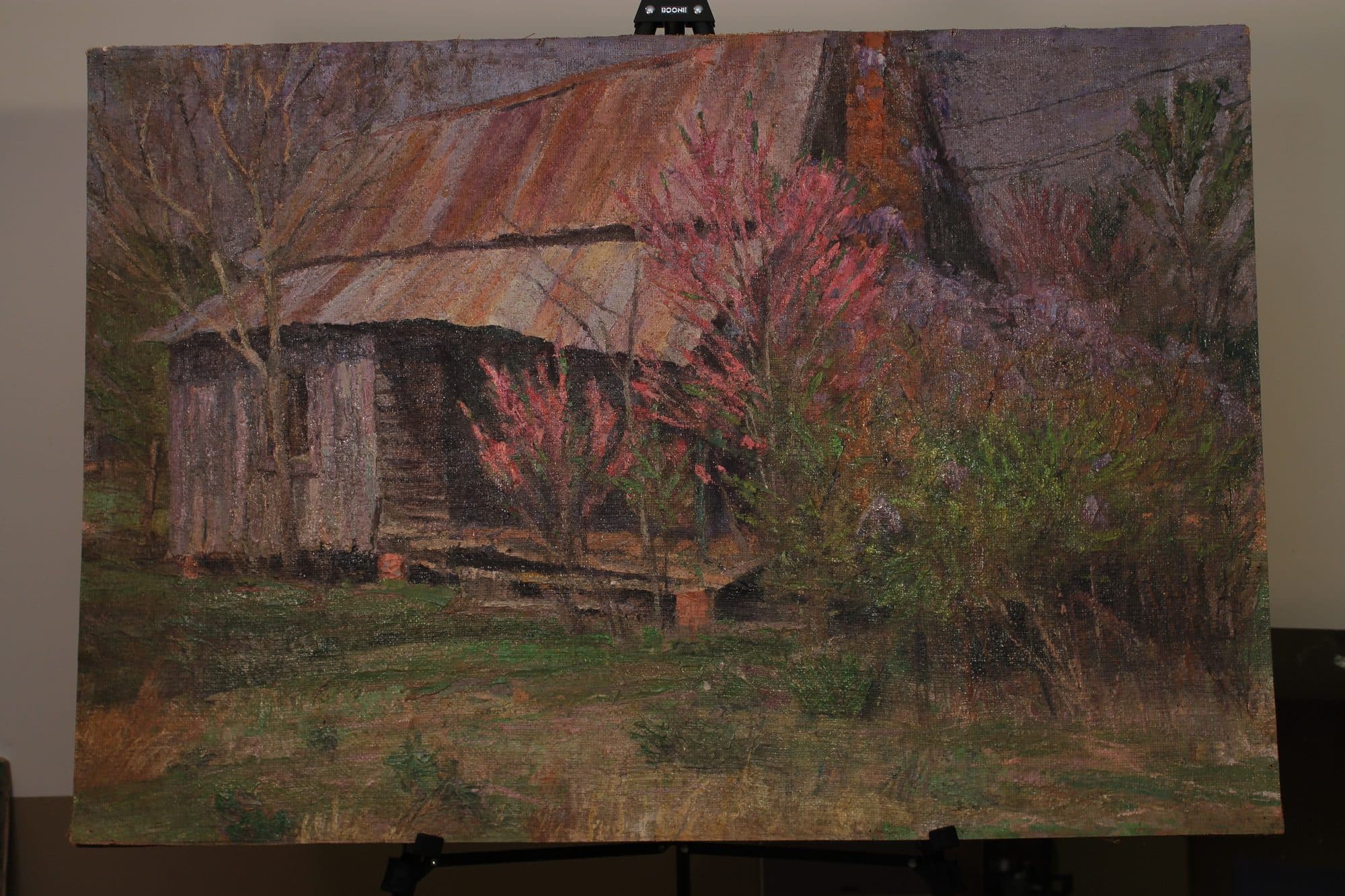 Log Cabin Amid Blooming Redbuds — detail