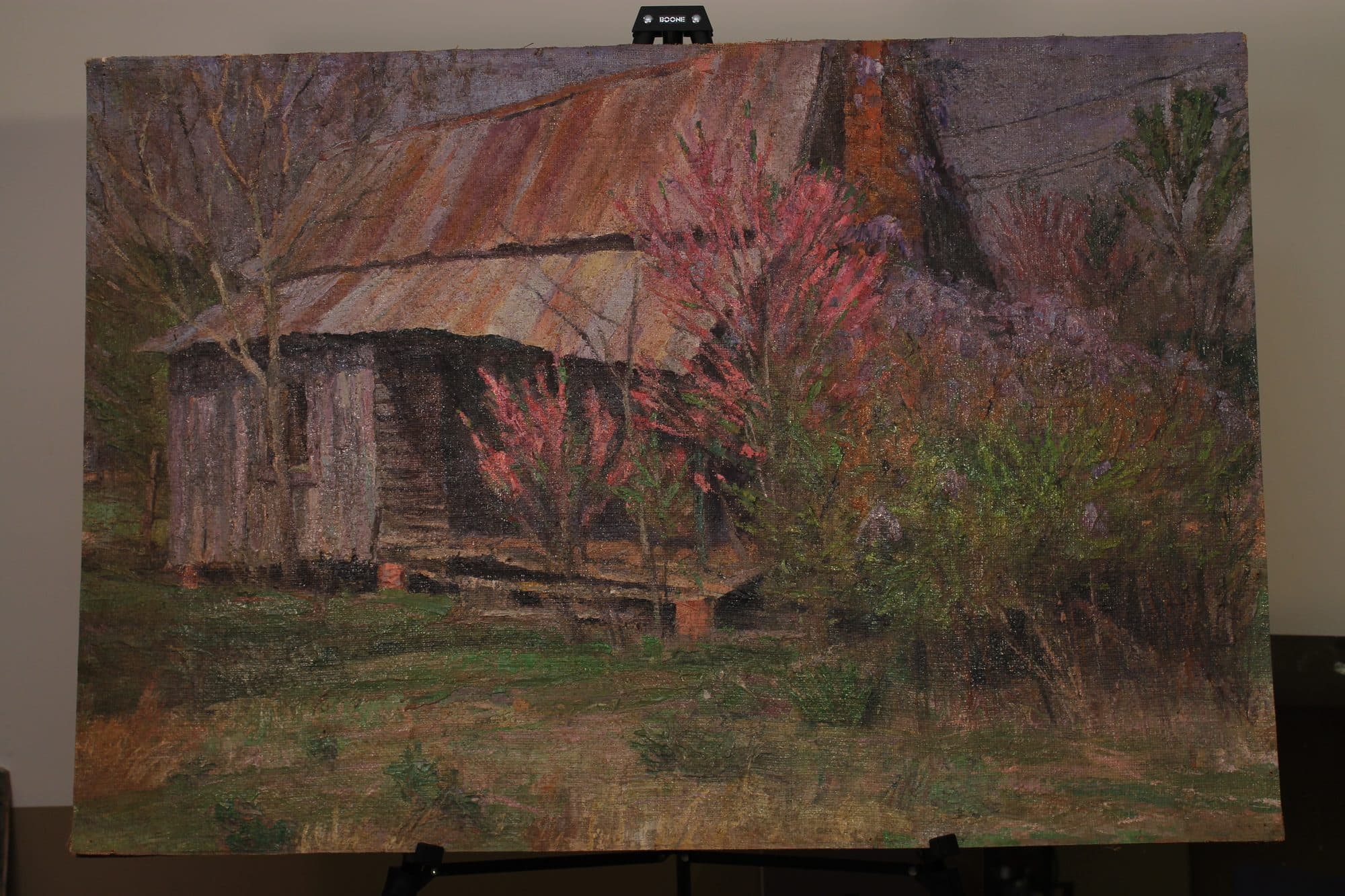 Log Cabin Amid Blooming Redbuds — detail