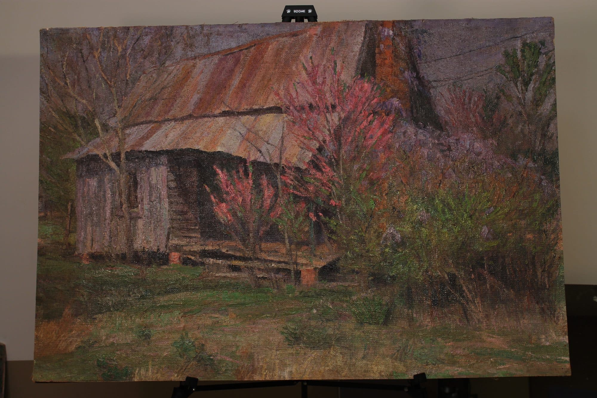 Log Cabin Amid Blooming Redbuds — detail