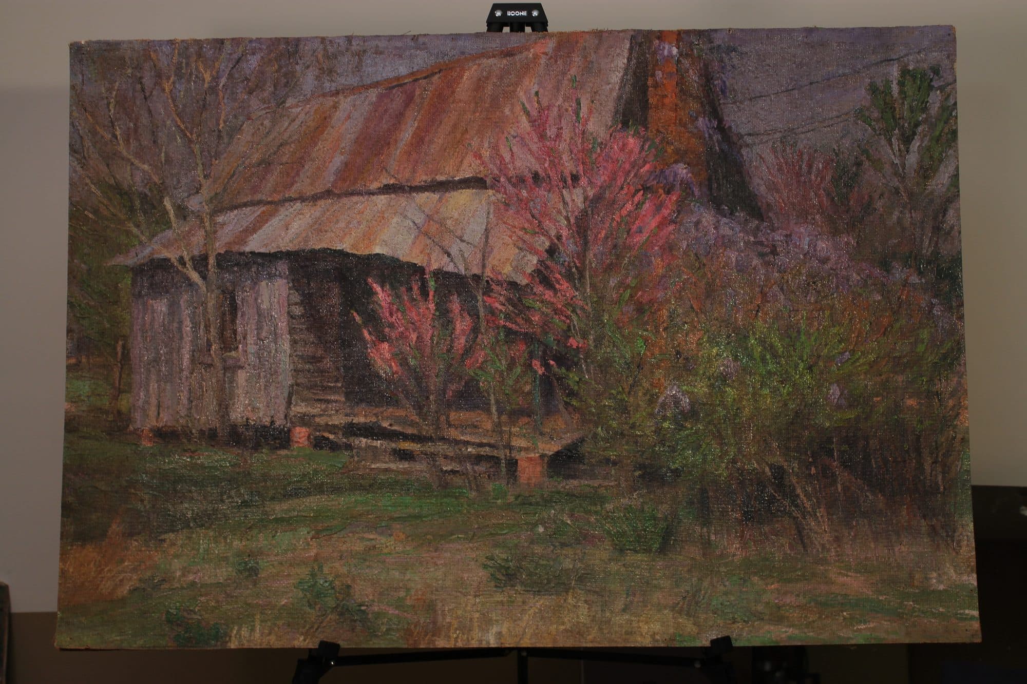 Log Cabin Amid Blooming Redbuds — detail