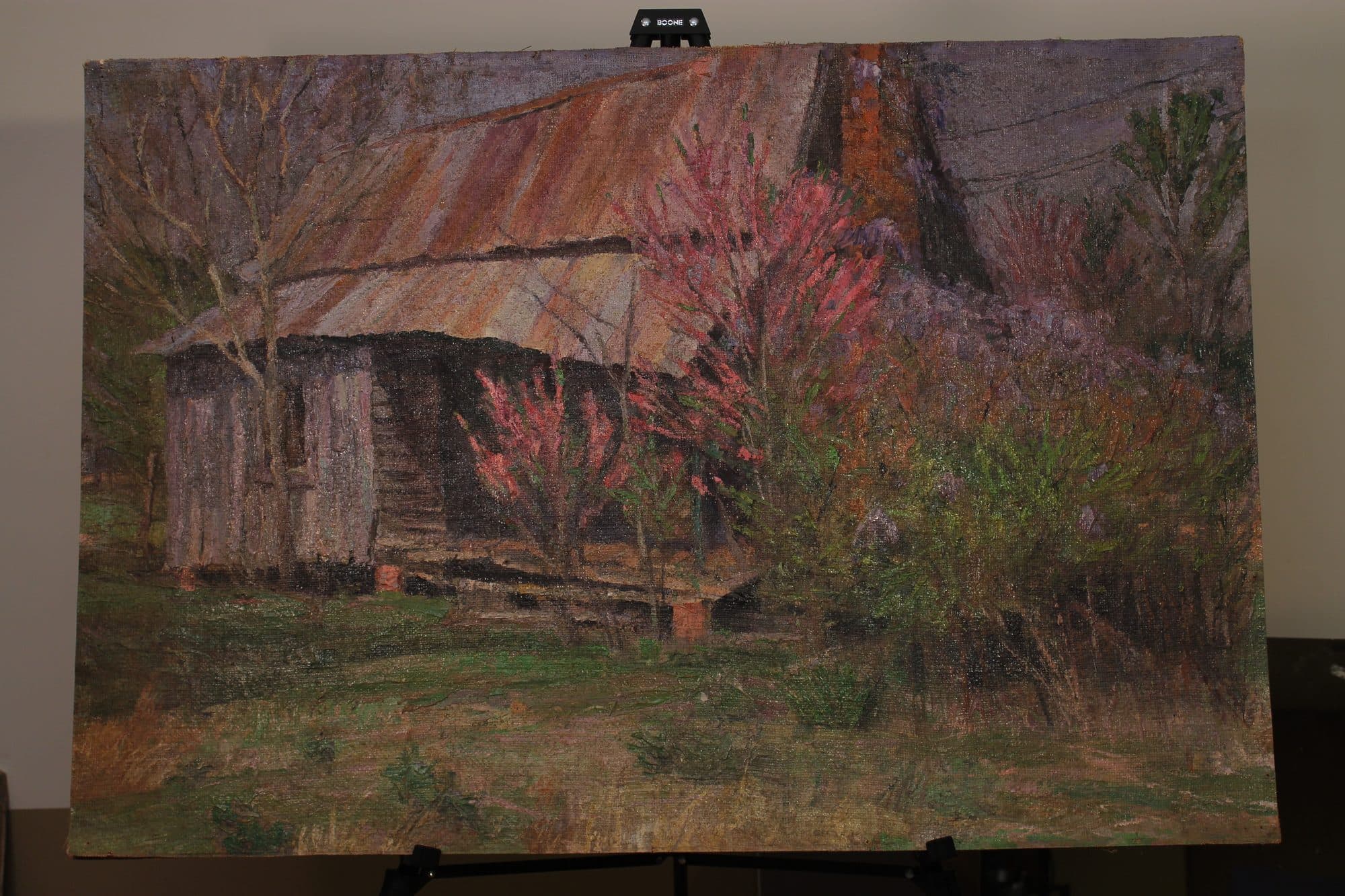 Log Cabin Amid Blooming Redbuds — detail