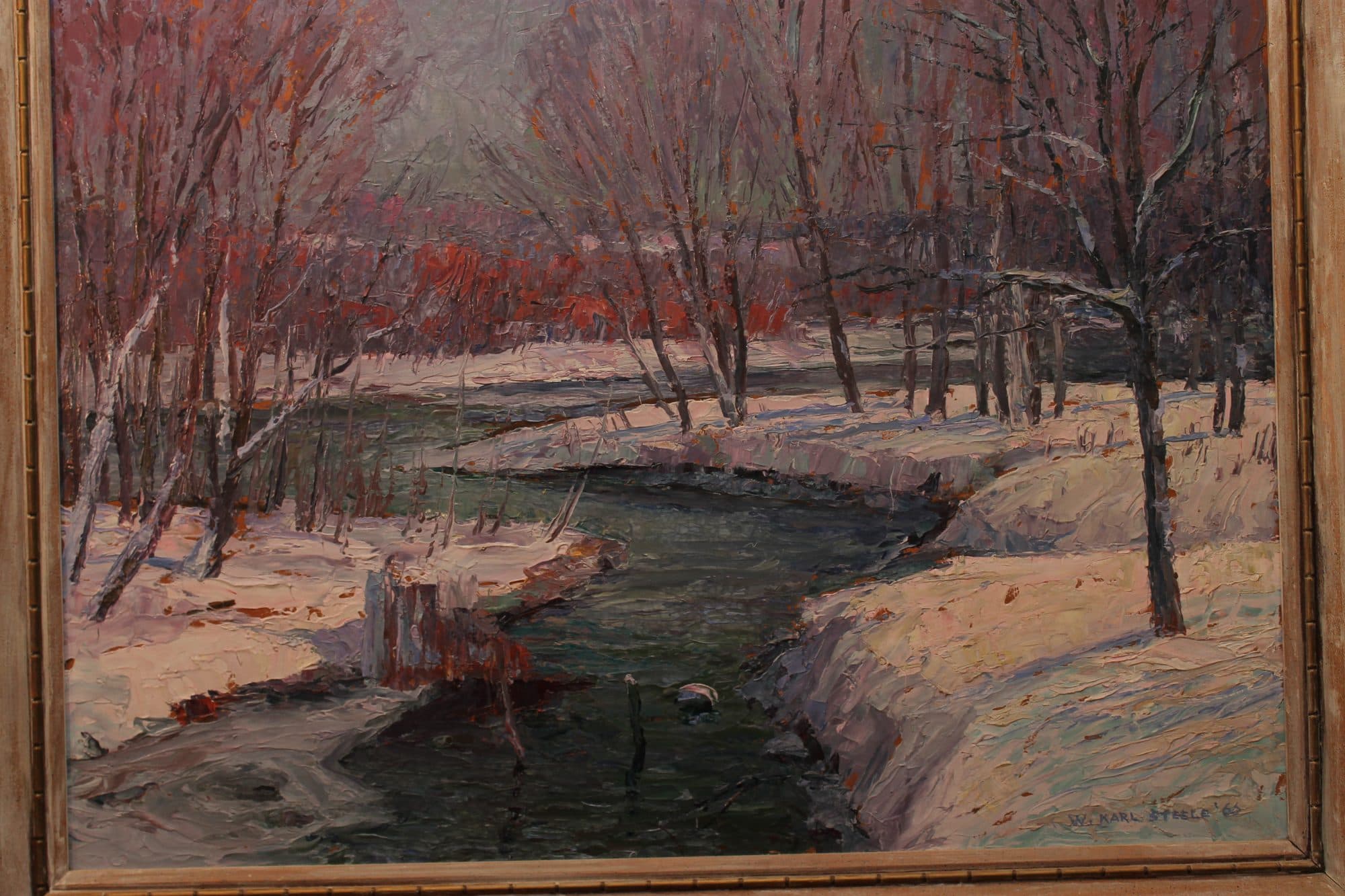 Snowy Creek With Red Blossom Trees — detail
