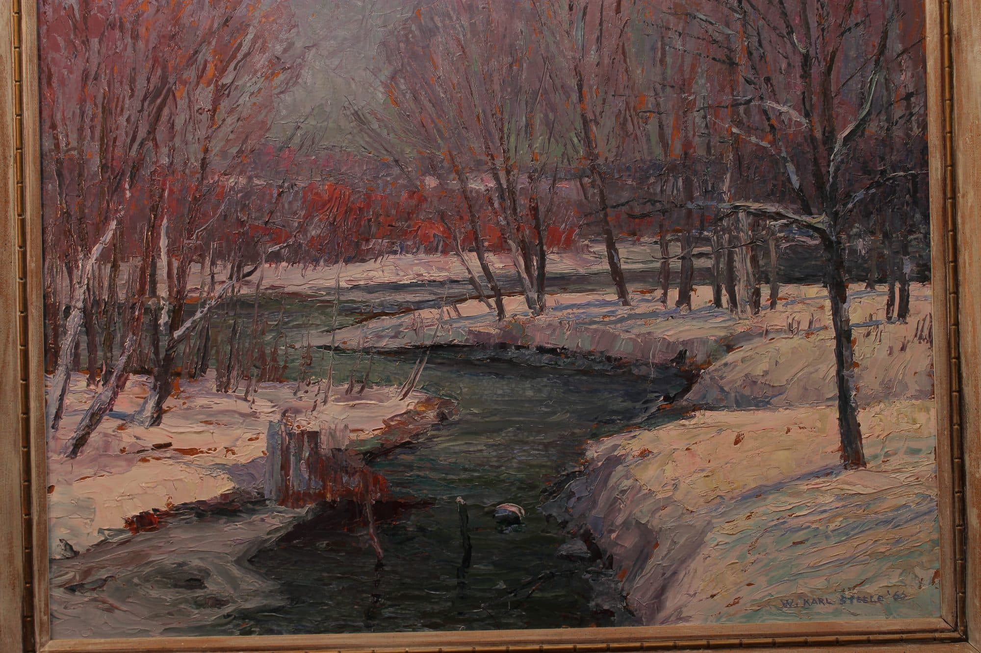 Snowy Creek With Red Blossom Trees — detail