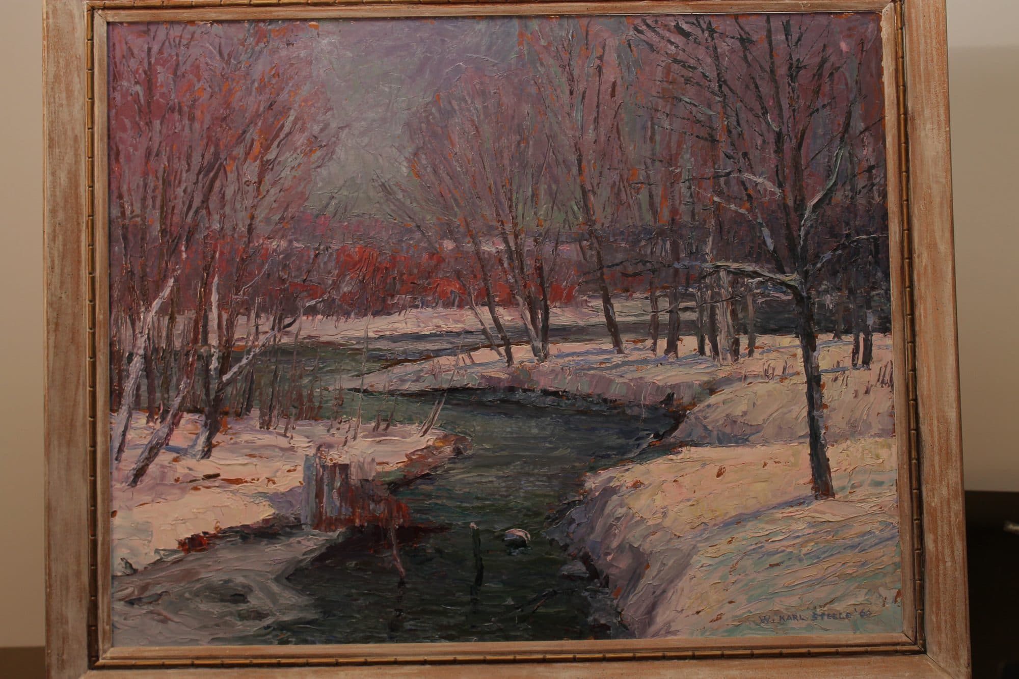 Snowy Creek With Red Blossom Trees — detail