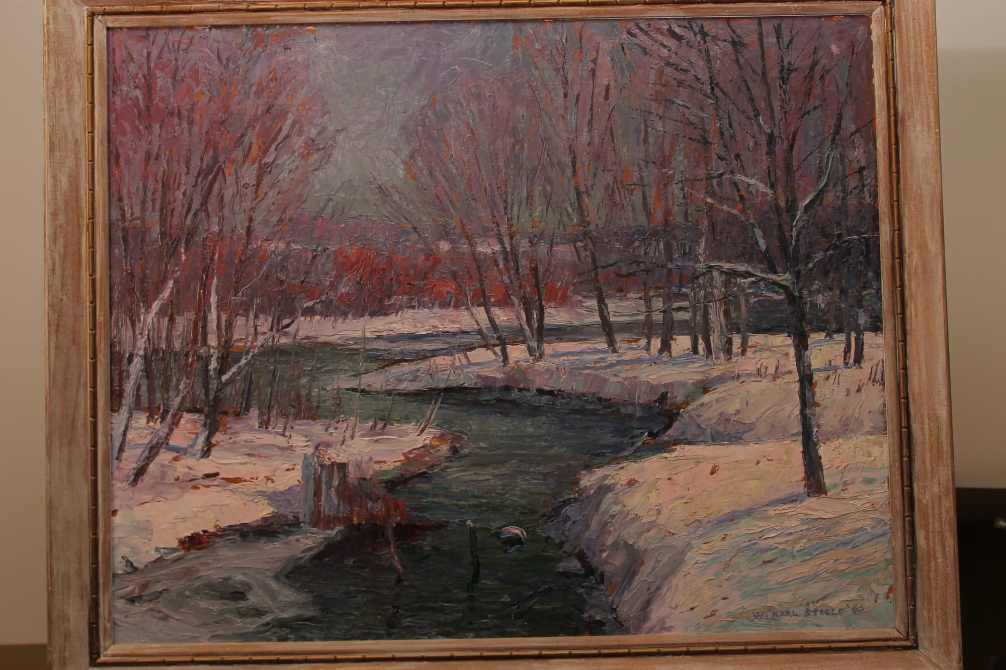 Snowy Creek With Red Blossom Trees — detail
