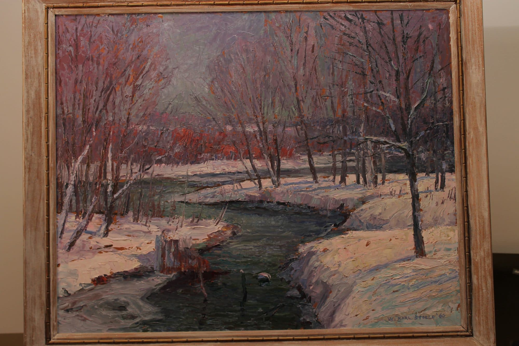 Snowy Creek With Red Blossom Trees — detail