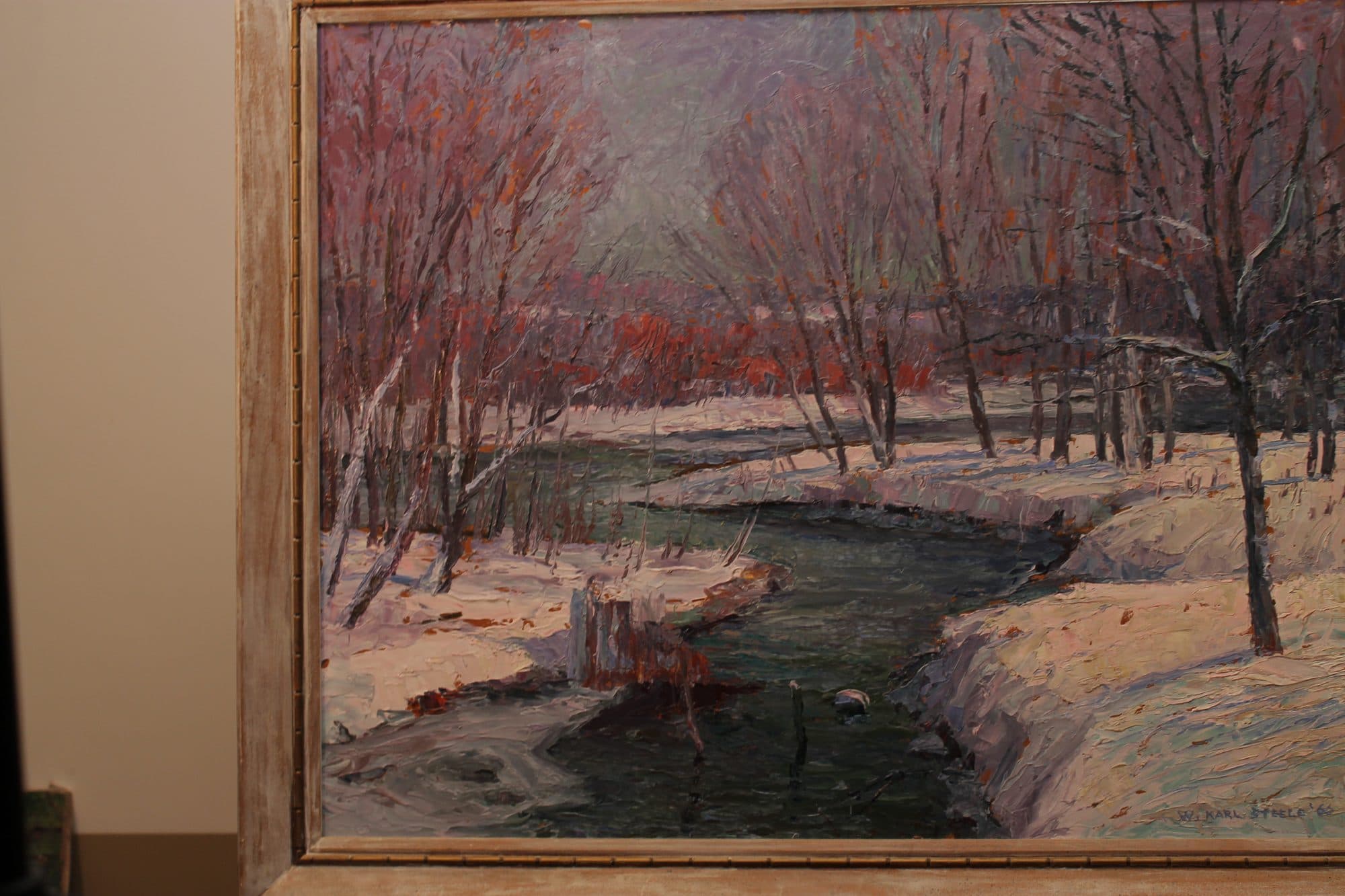 Snowy Creek With Red Blossom Trees — detail