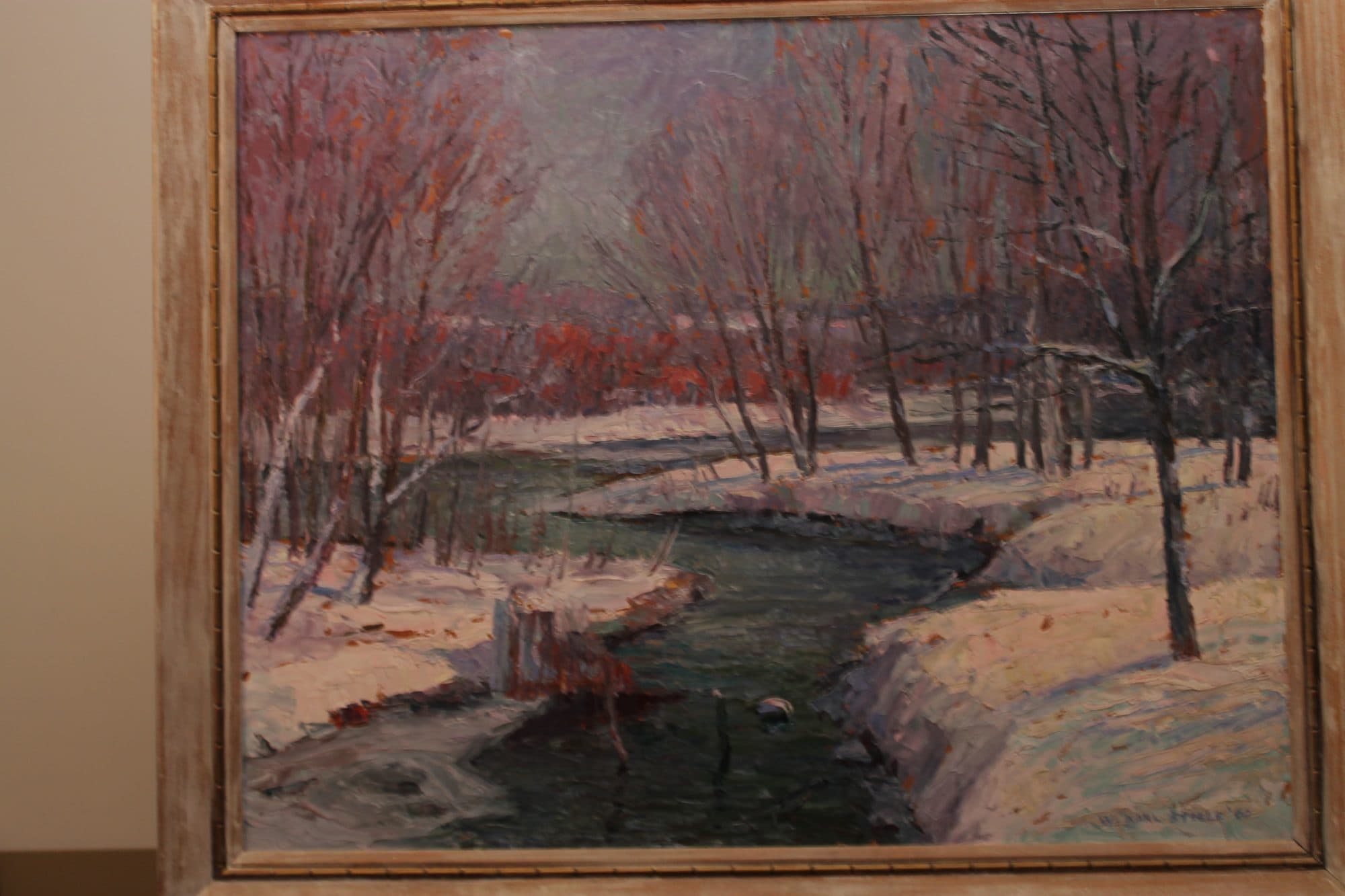 Snowy Creek With Red Blossom Trees — detail