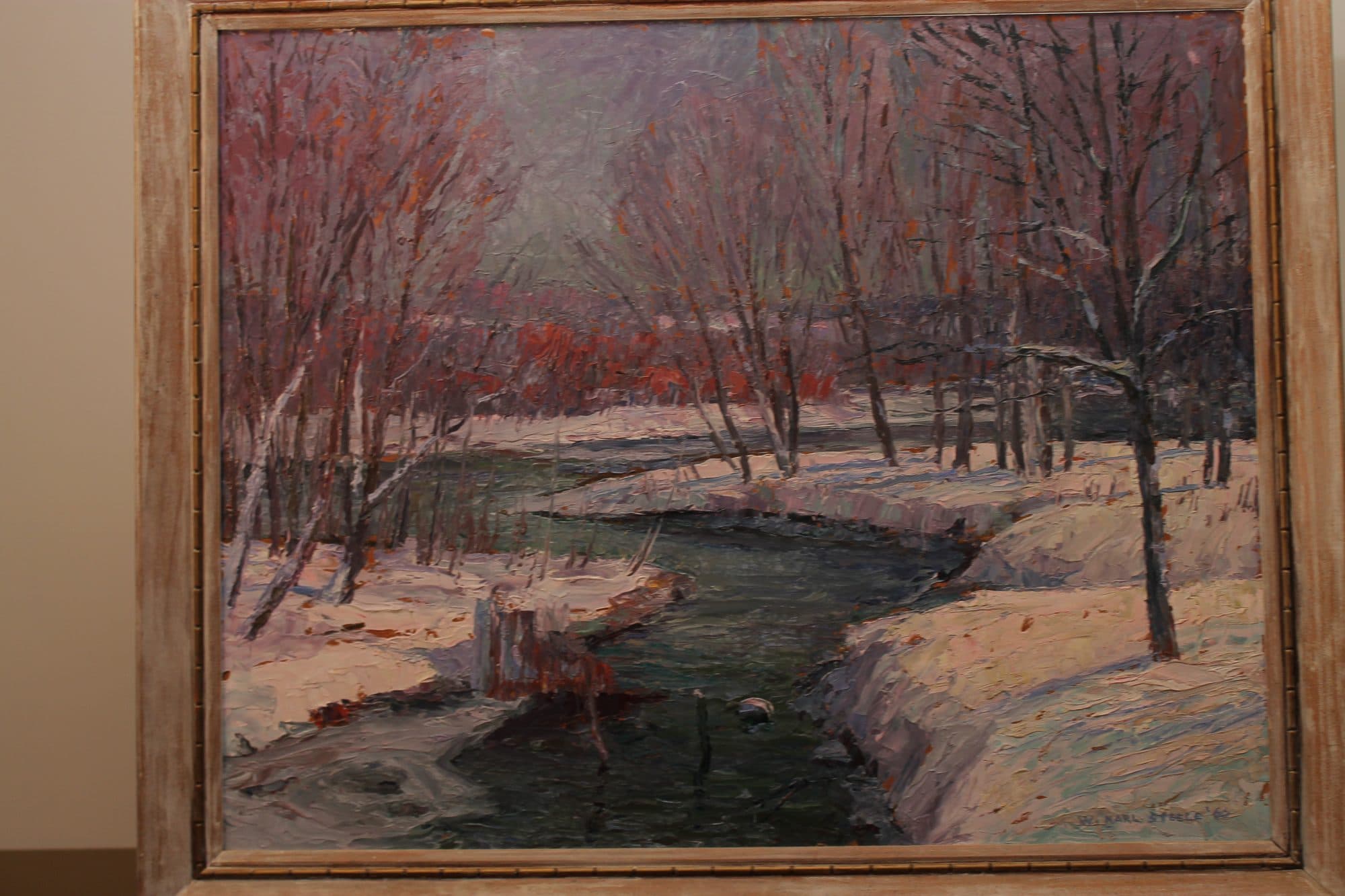 Snowy Creek With Red Blossom Trees — detail