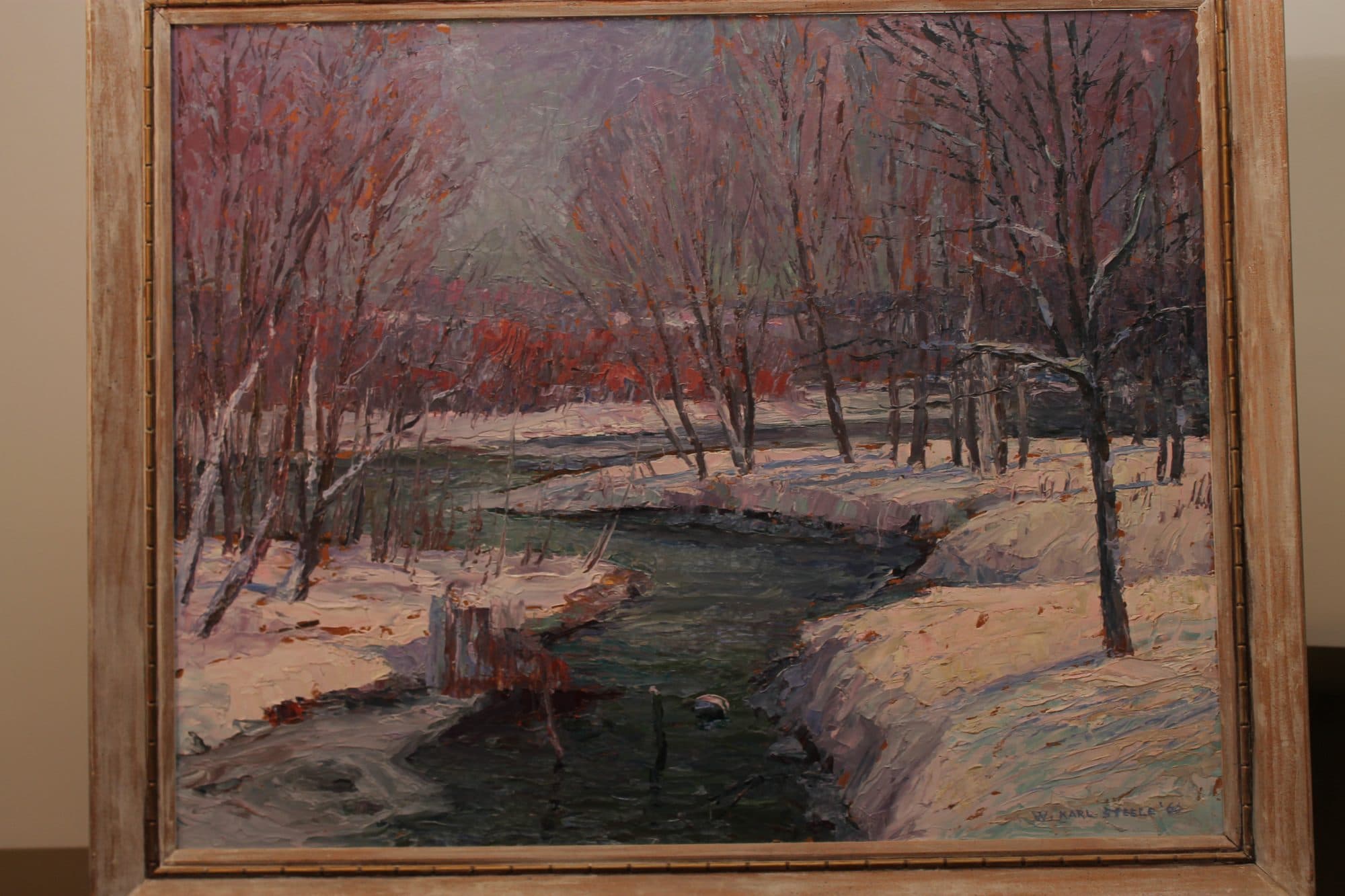 Snowy Creek With Red Blossom Trees — detail