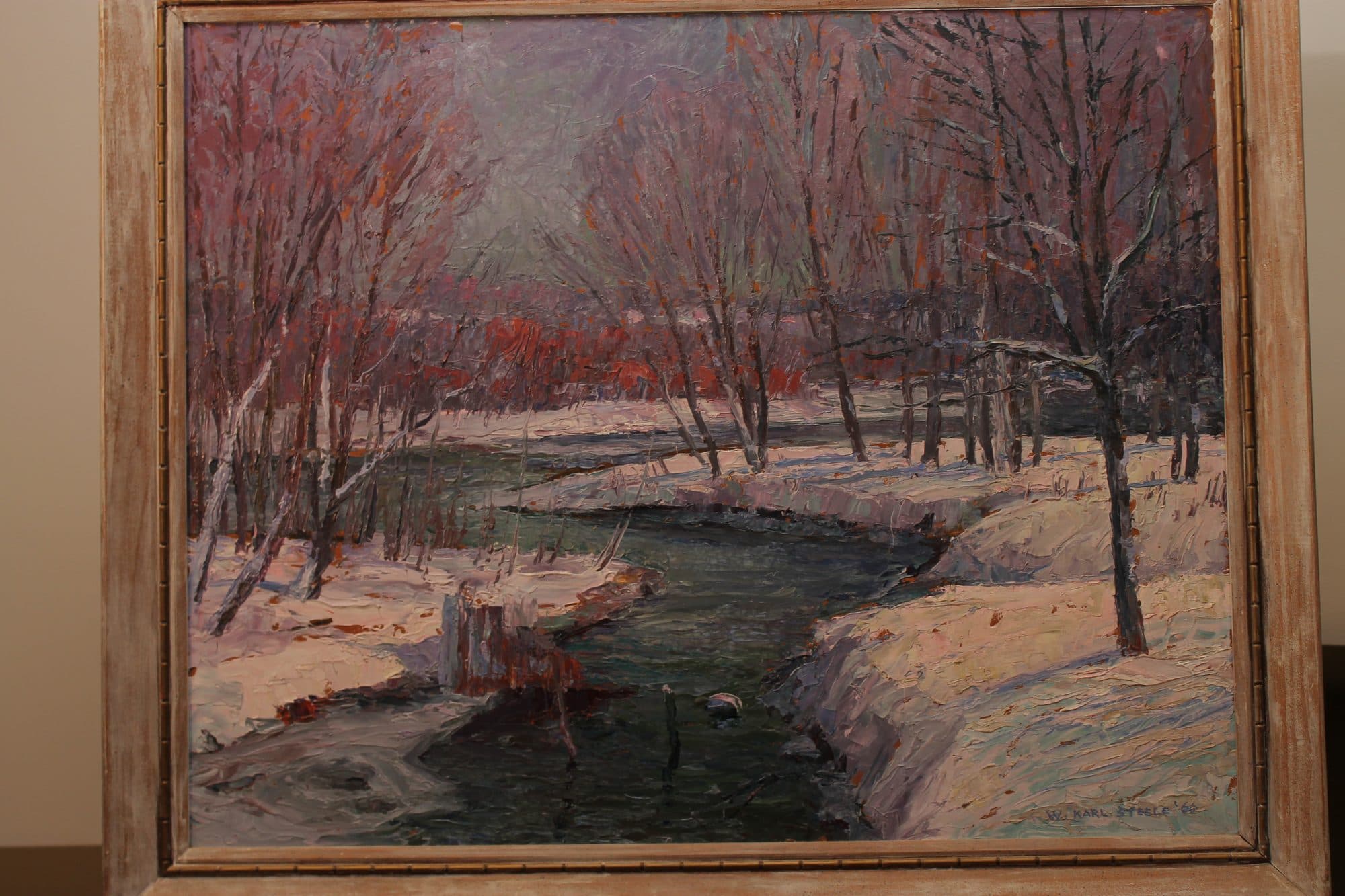 Snowy Creek With Red Blossom Trees — detail