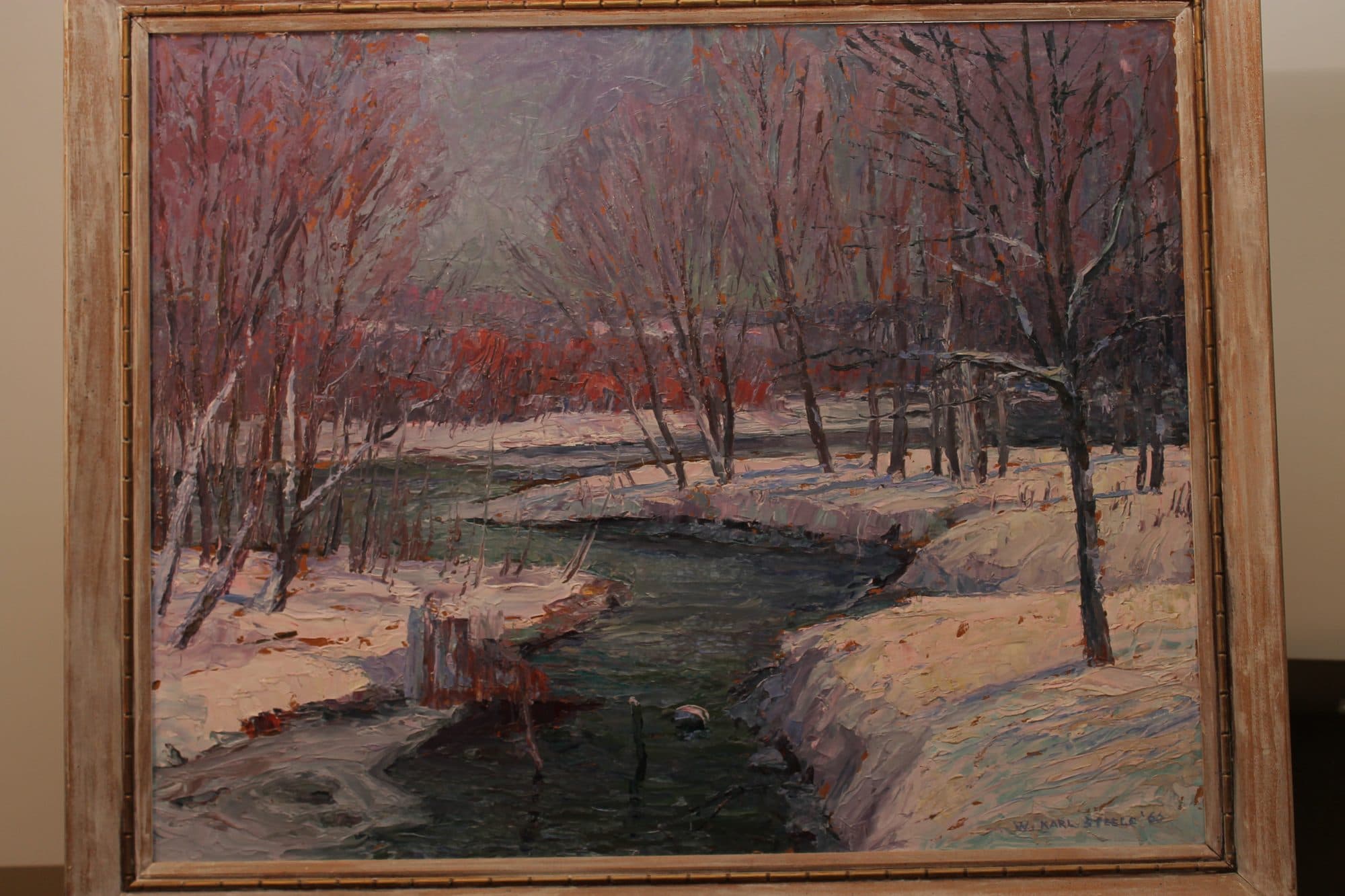 Snowy Creek With Red Blossom Trees — detail