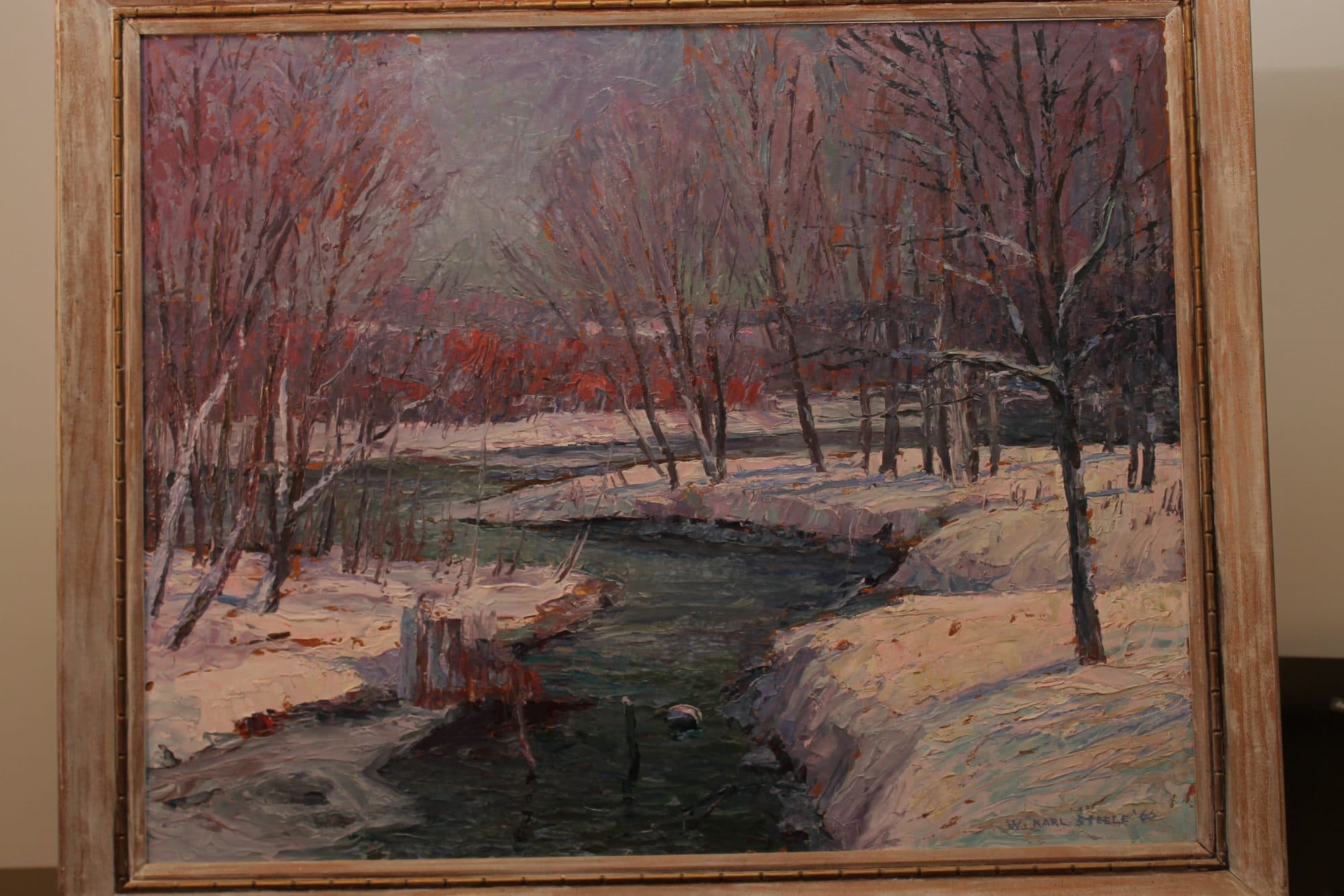 Snowy Creek With Red Blossom Trees — detail