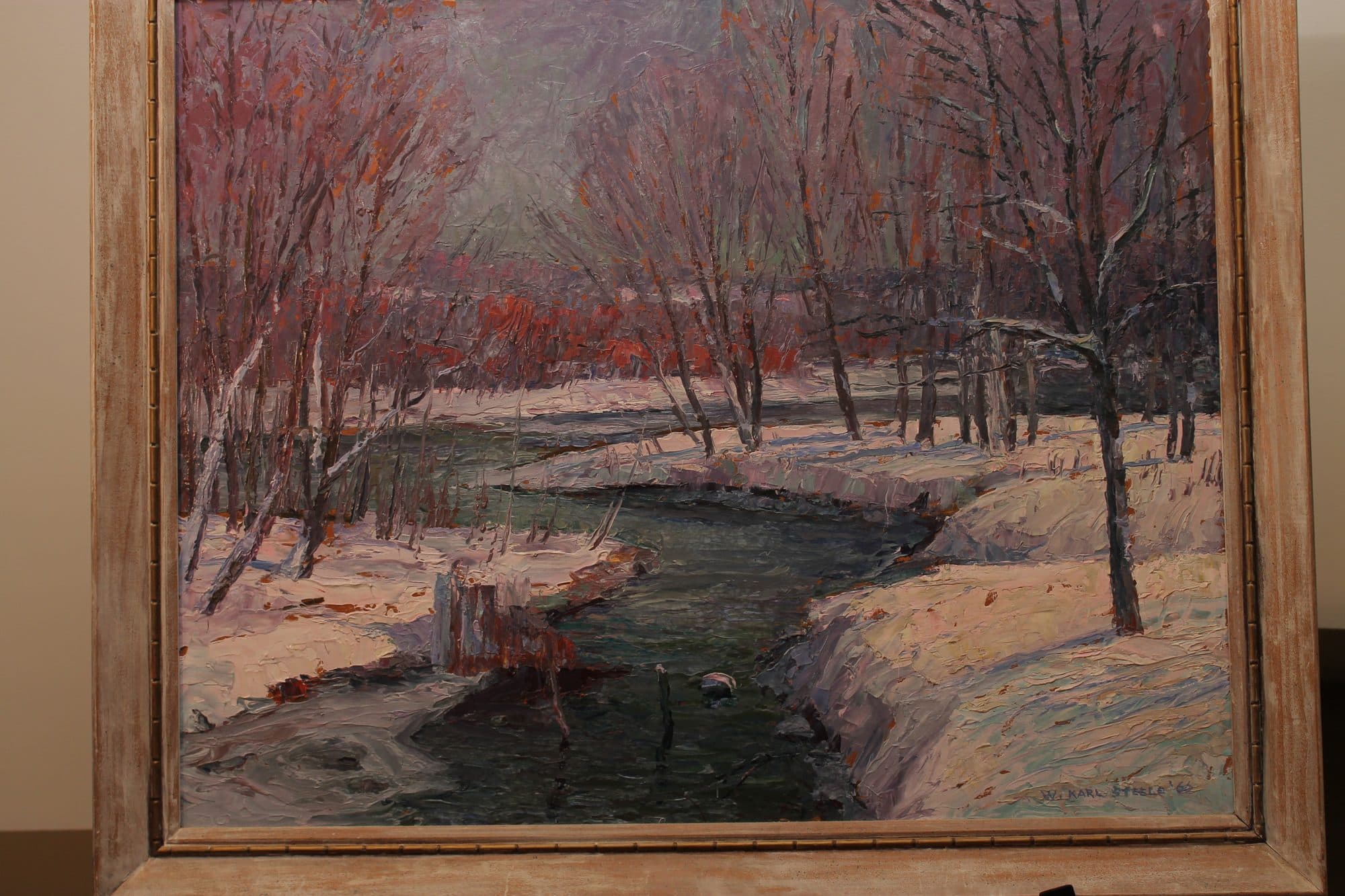 Snowy Creek With Red Blossom Trees — detail