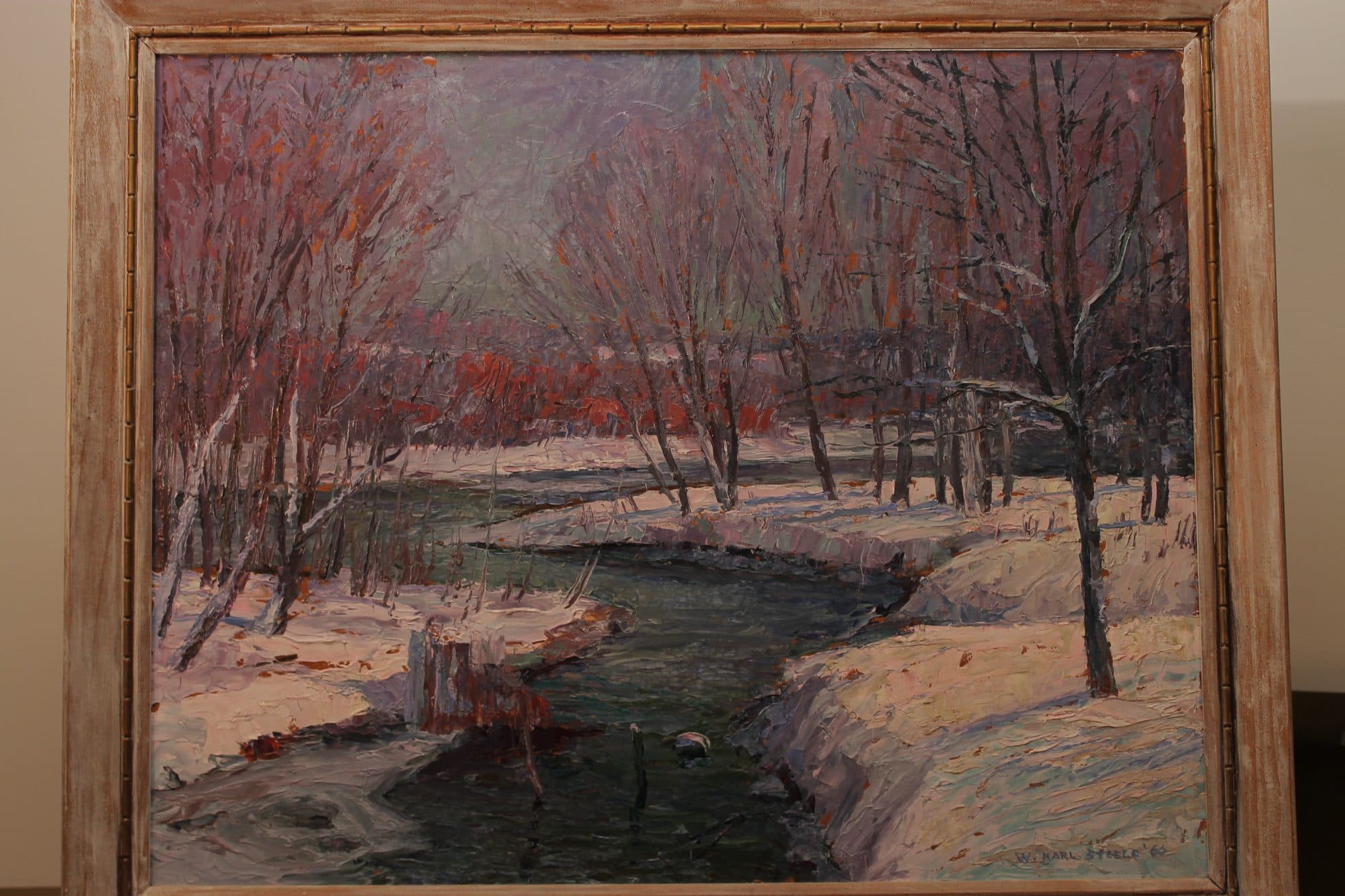 Snowy Creek With Red Blossom Trees — detail