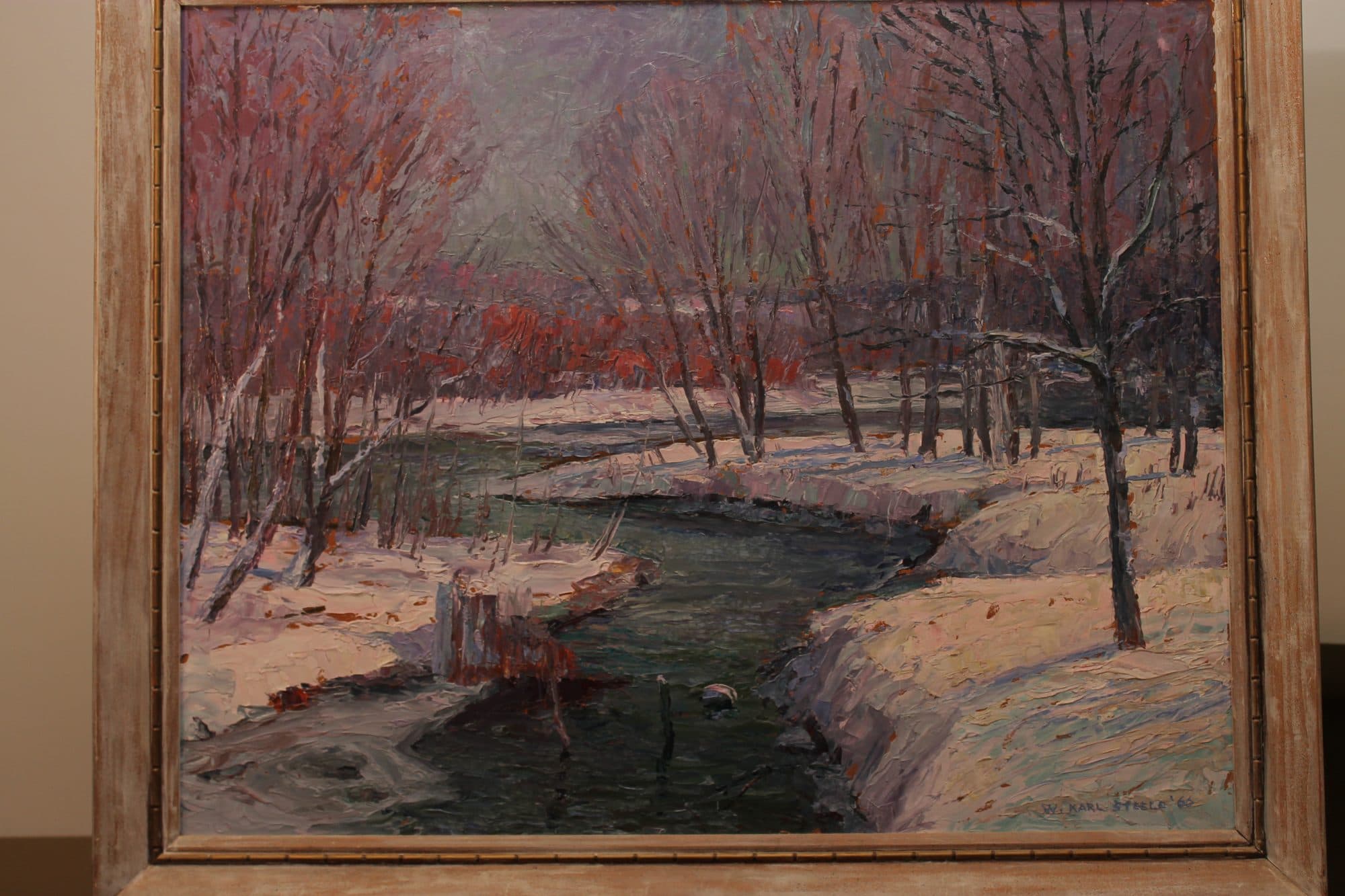 Snowy Creek With Red Blossom Trees — detail