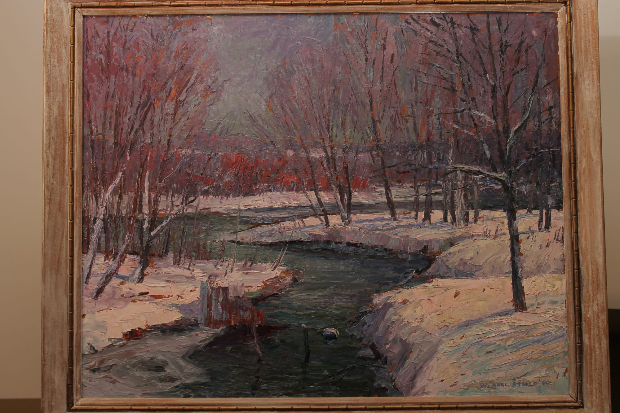 Snowy Creek With Red Blossom Trees — detail
