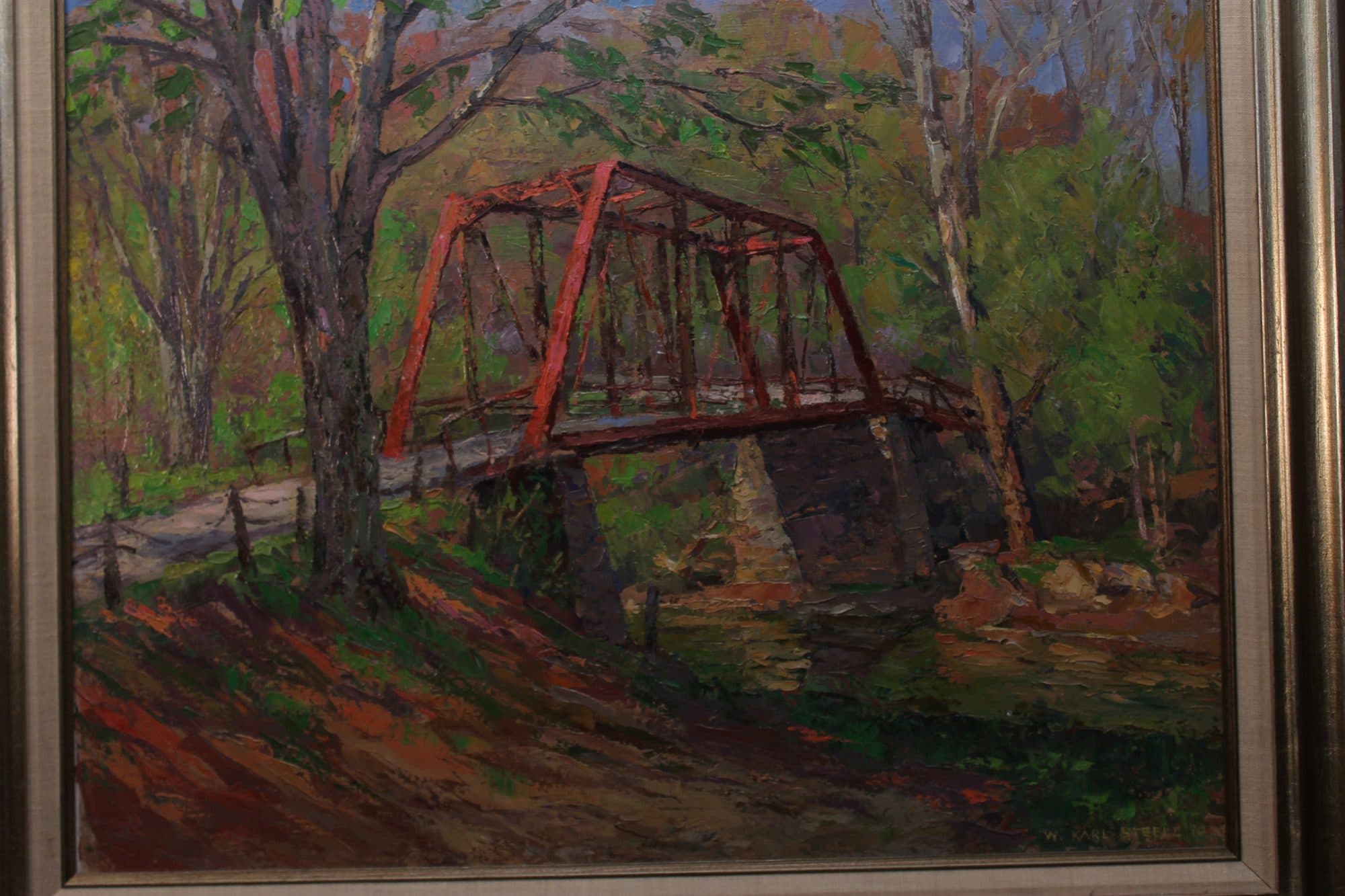 Red Truss Bridge In Autumn Woods — detail