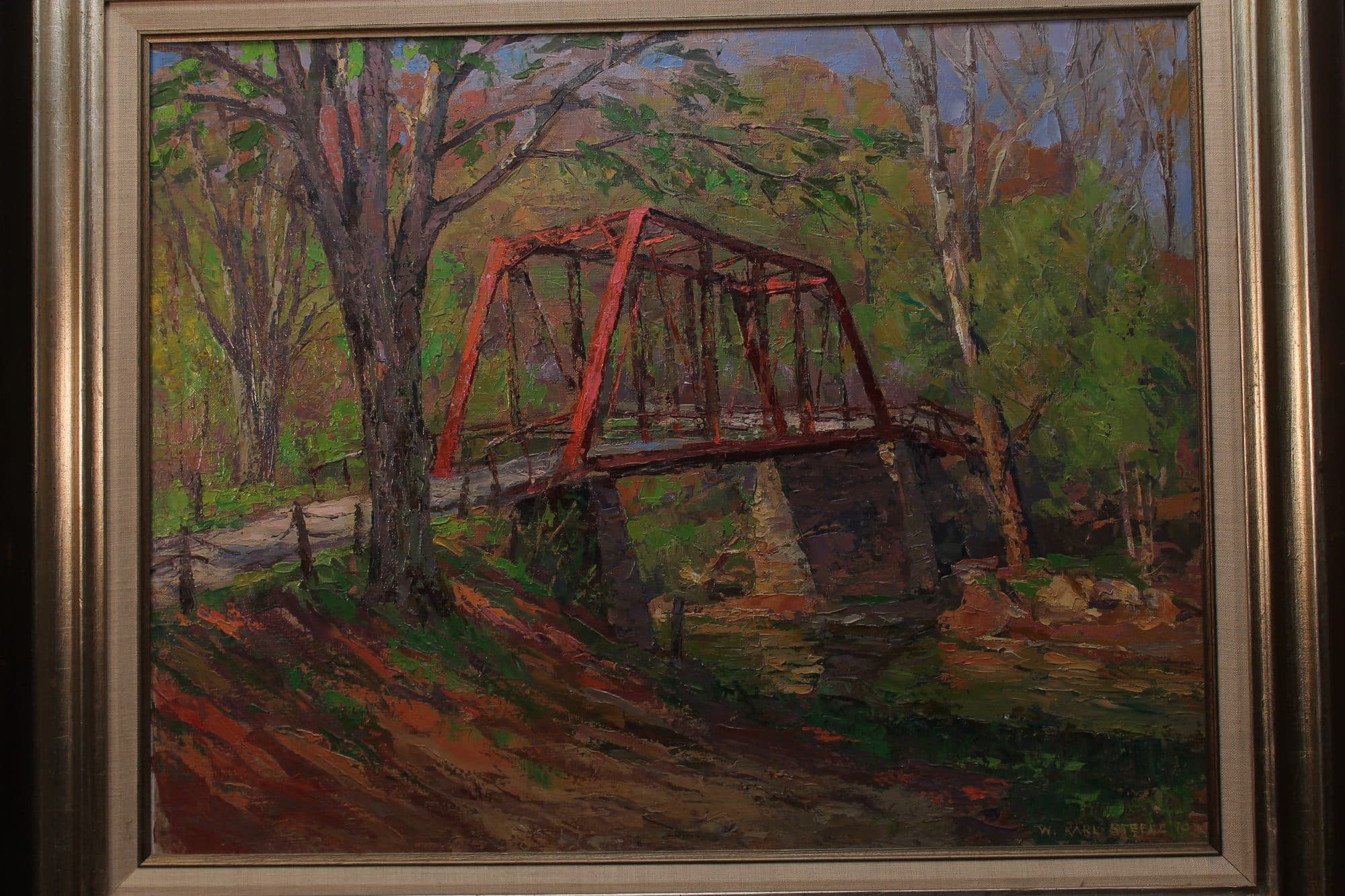 Red Truss Bridge In Autumn Woods — detail