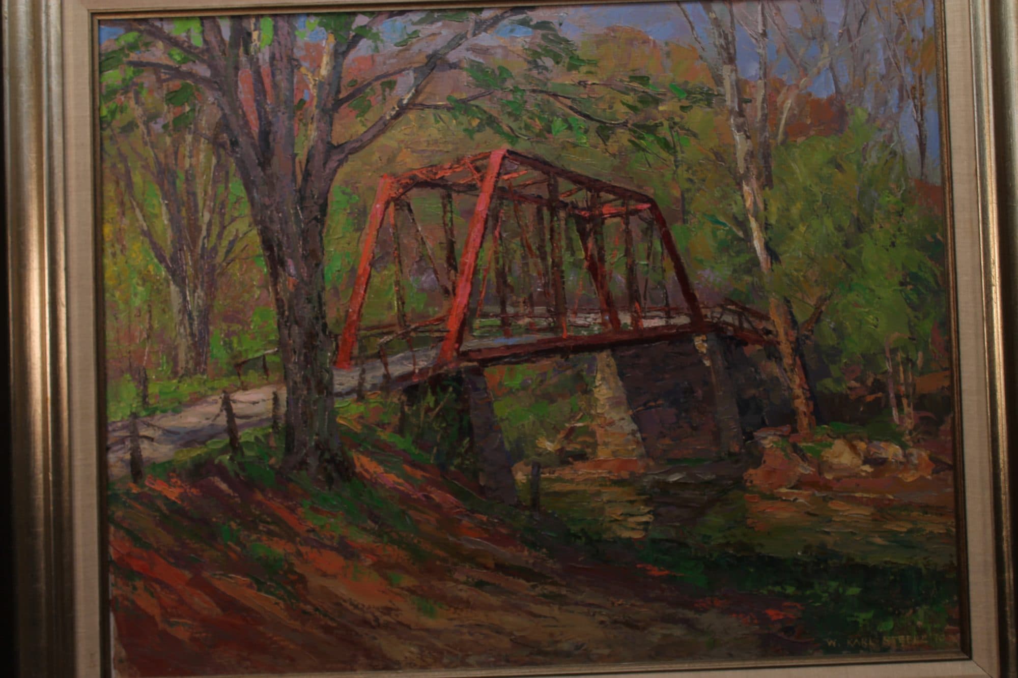 Red Truss Bridge In Autumn Woods — detail