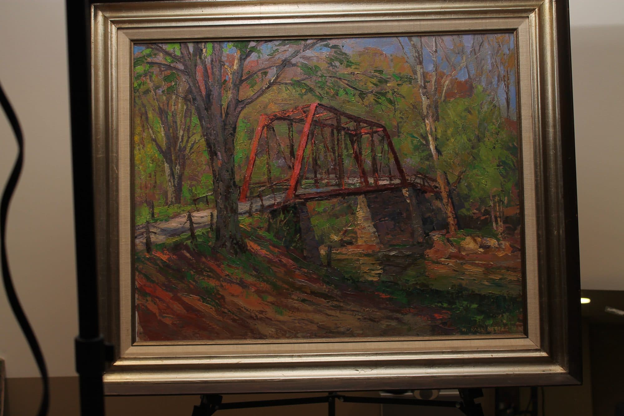 Red Truss Bridge In Autumn Woods — detail