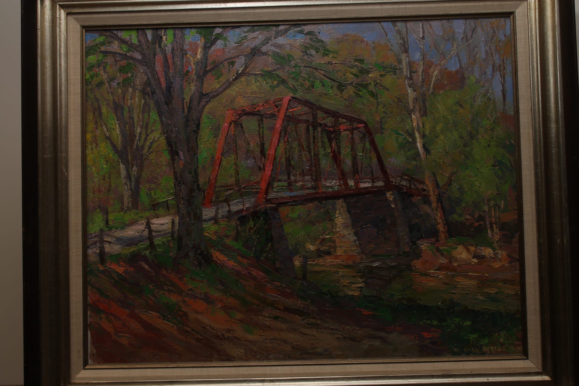 Red Truss Bridge In Autumn Woods — detail