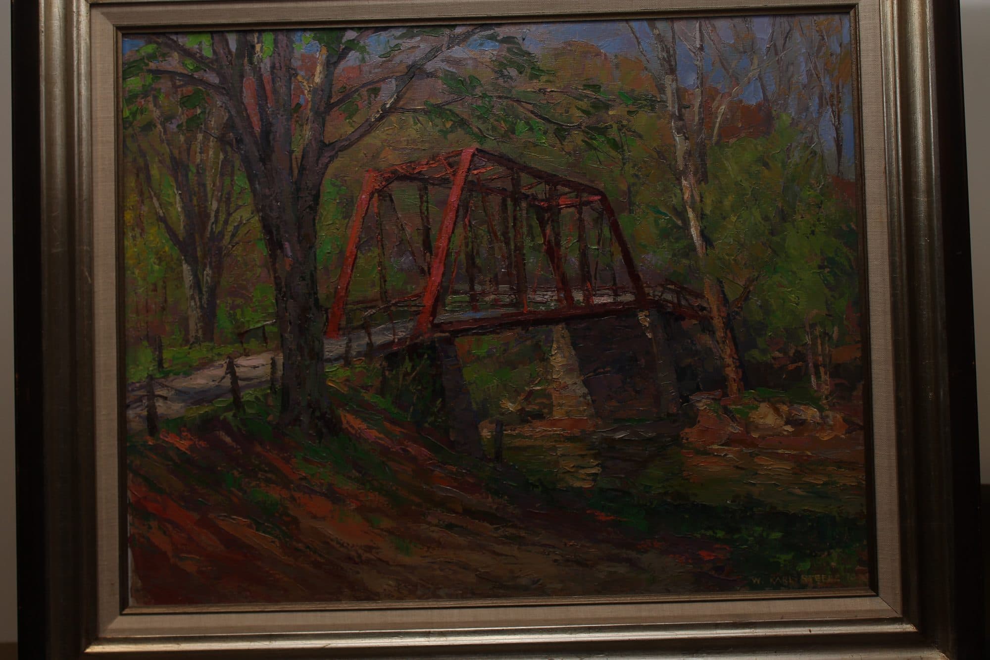 Red Truss Bridge In Autumn Woods — detail