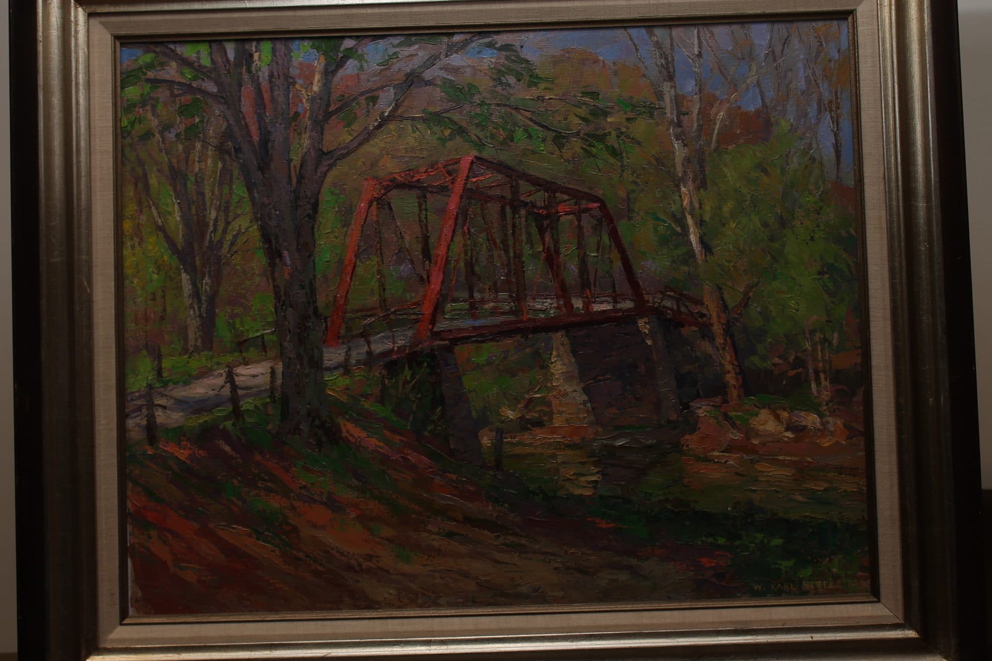 Red Truss Bridge In Autumn Woods — detail