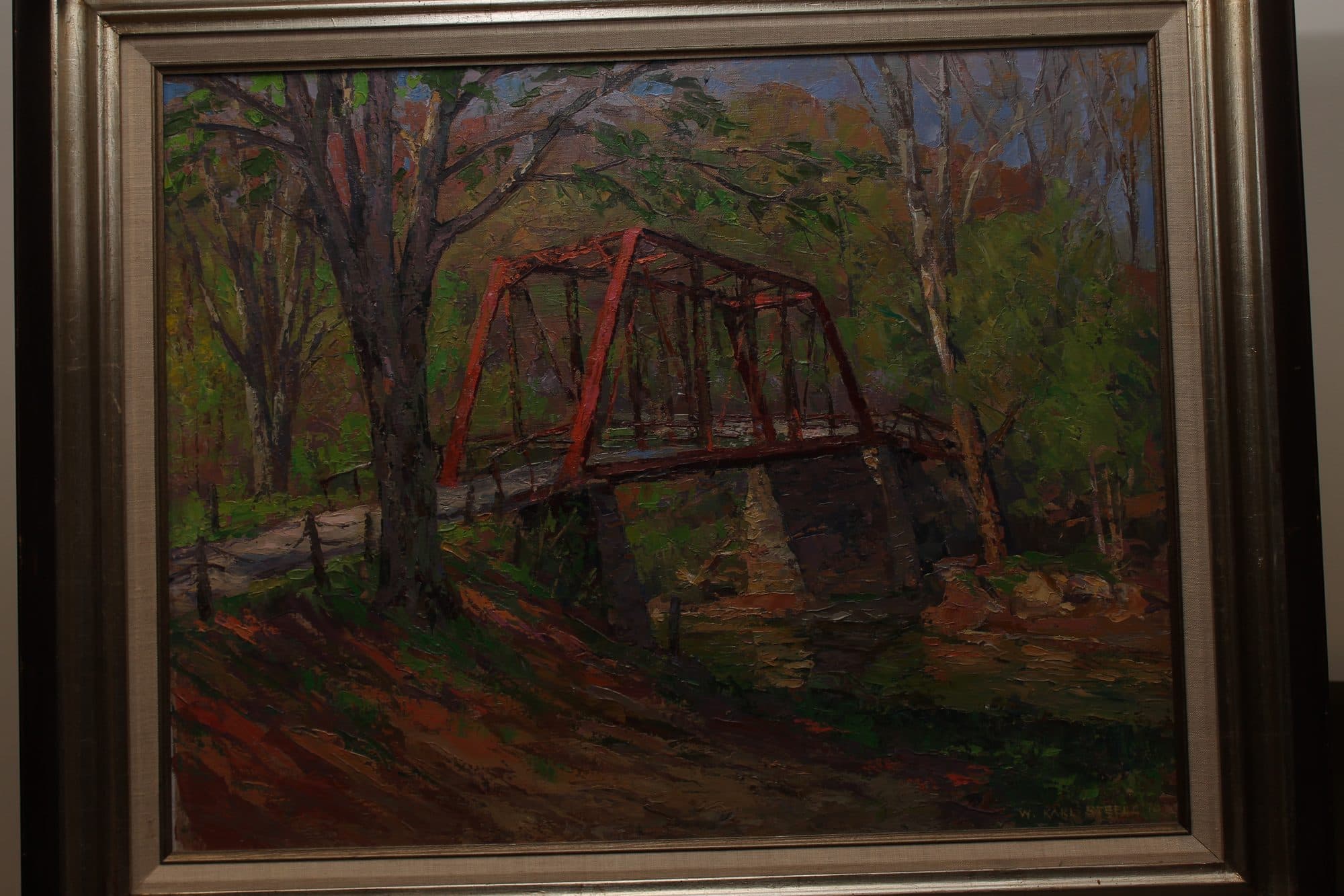 Red Truss Bridge In Autumn Woods — detail