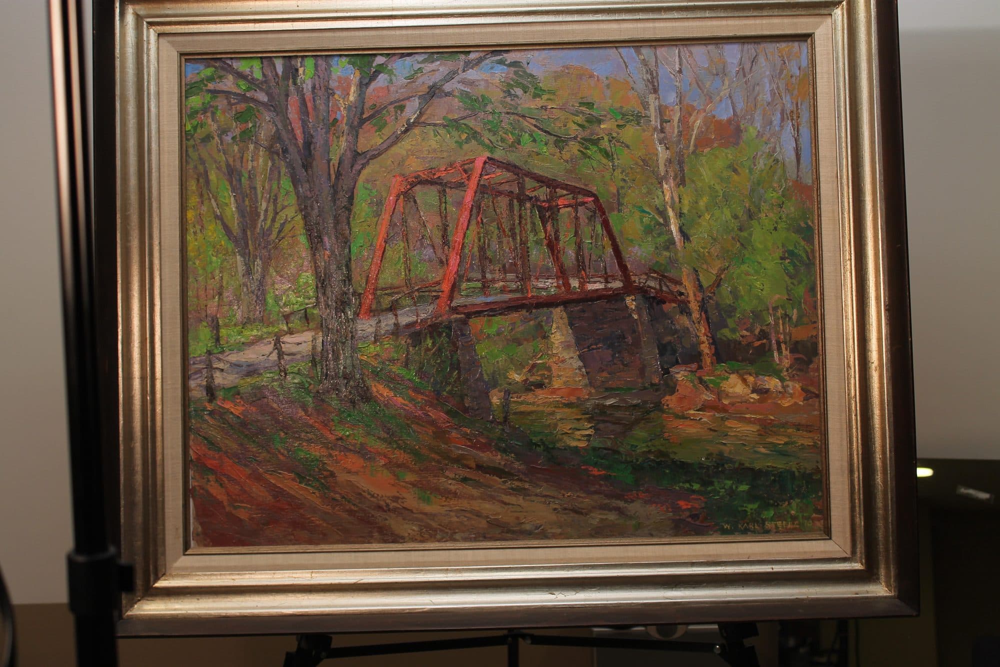 Red Truss Bridge In Autumn Woods — detail