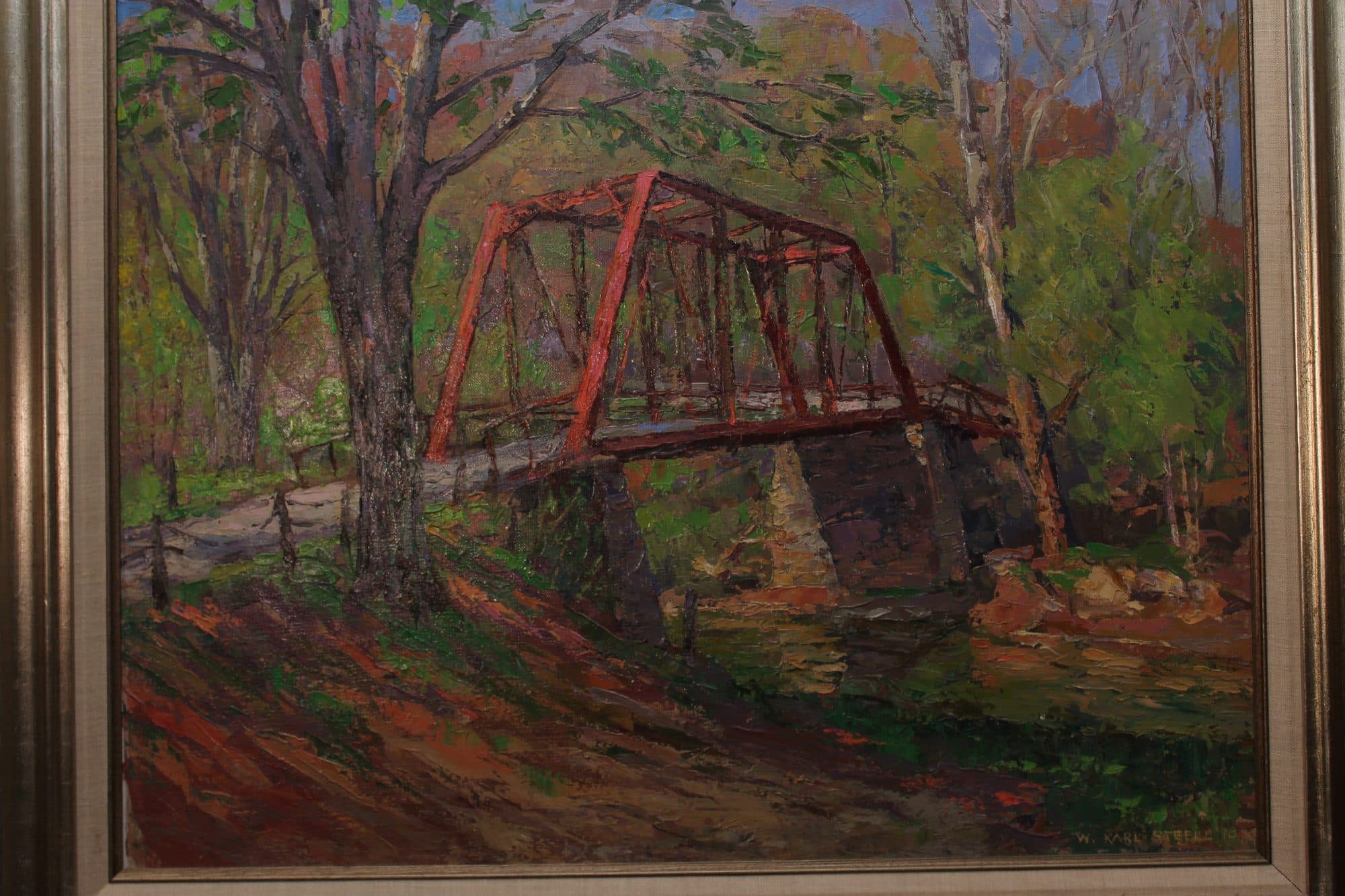 Red Truss Bridge In Autumn Woods — detail