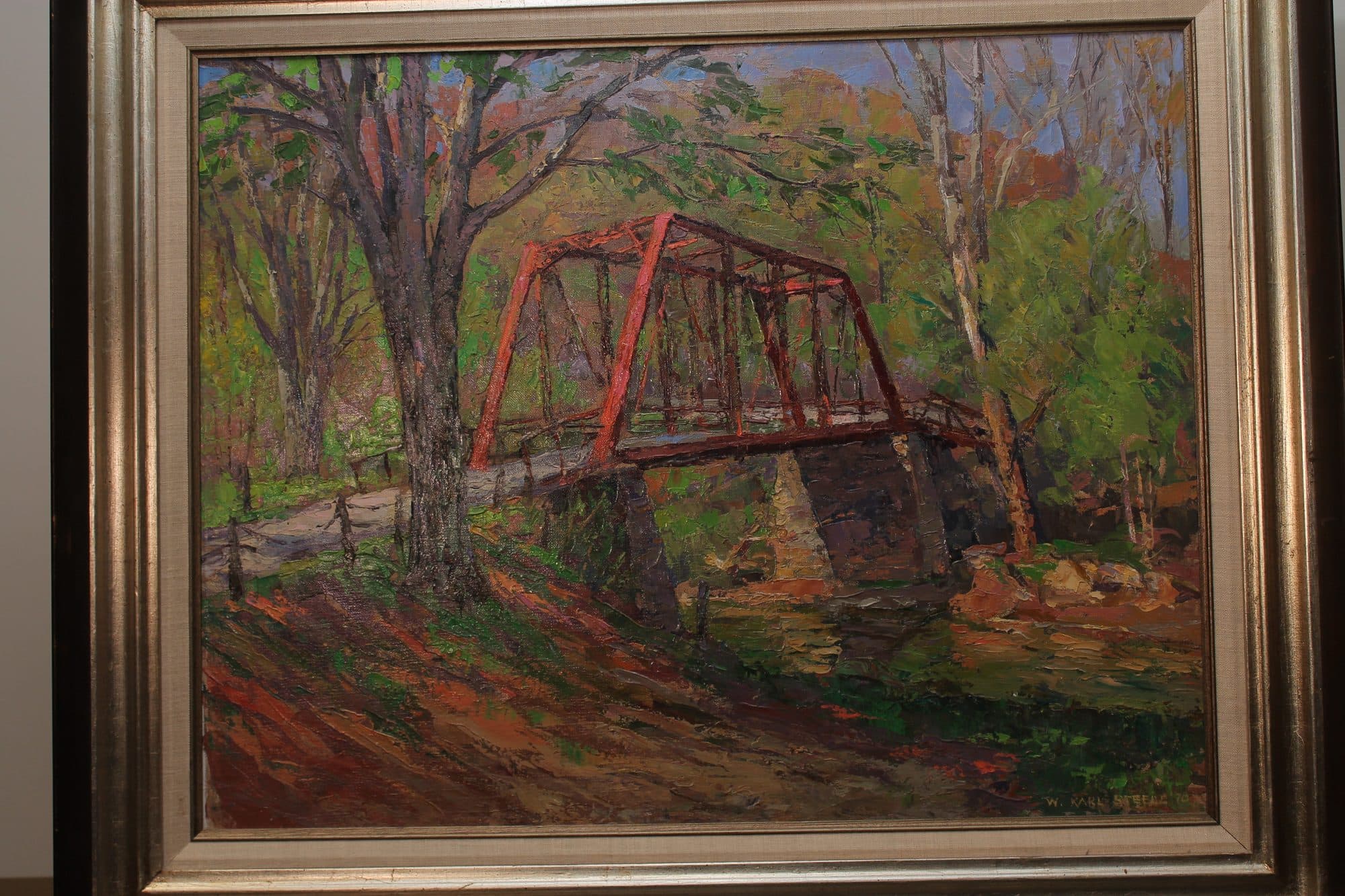 Red Truss Bridge In Autumn Woods — detail