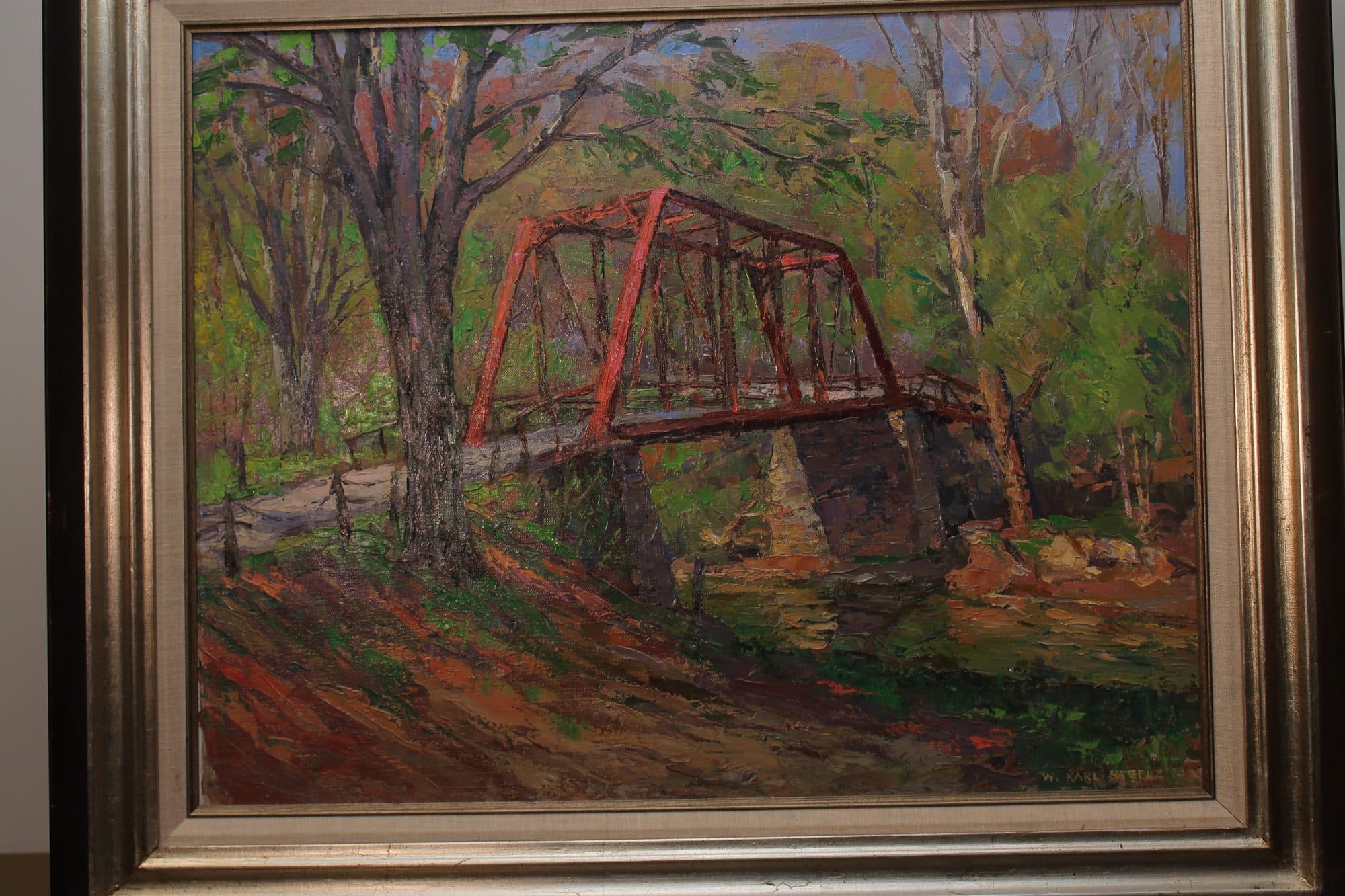 Red Truss Bridge In Autumn Woods — detail