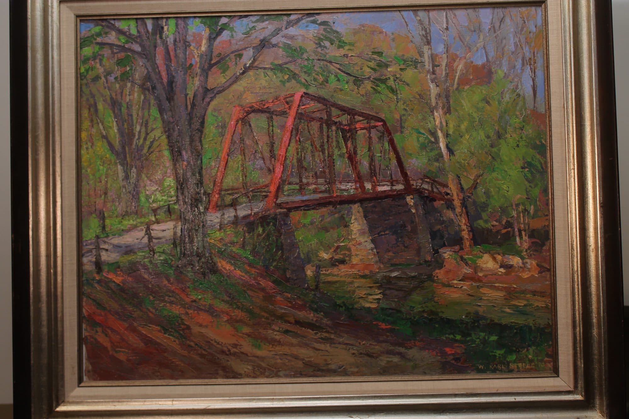 Red Truss Bridge In Autumn Woods — detail