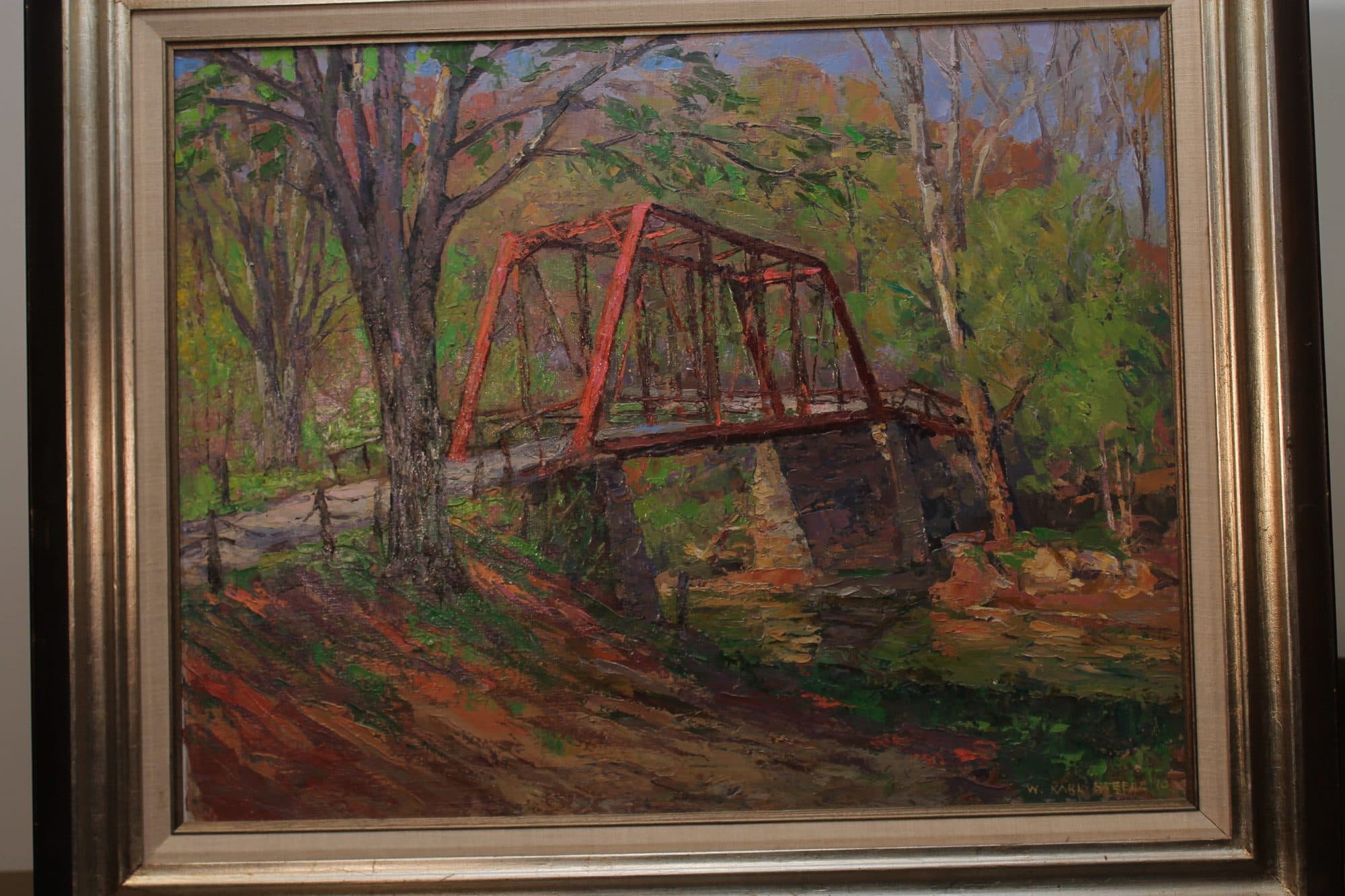 Red Truss Bridge In Autumn Woods — detail