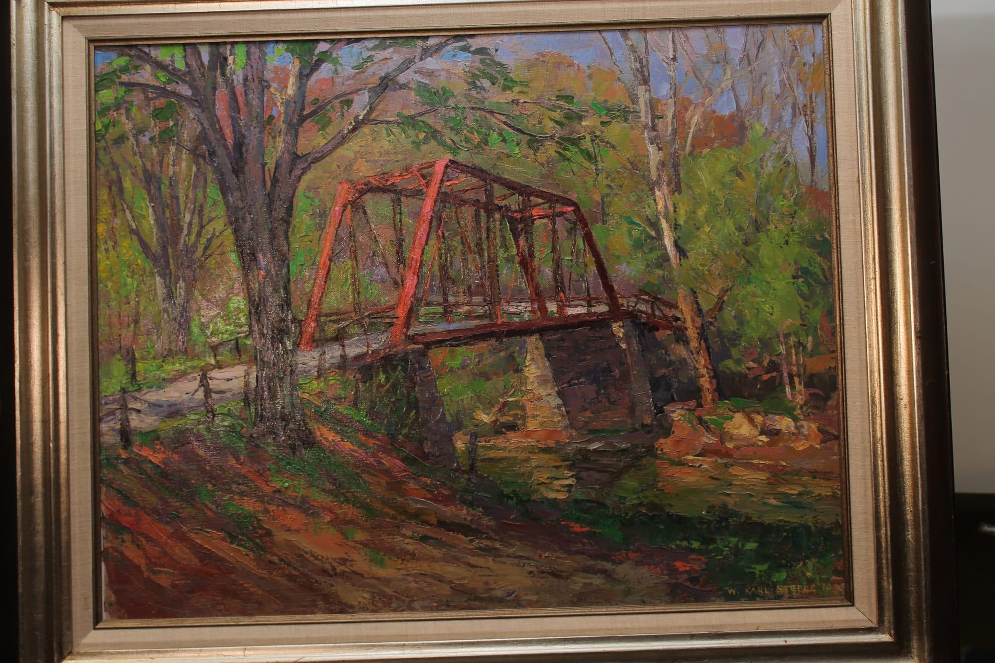Red Truss Bridge In Autumn Woods — detail